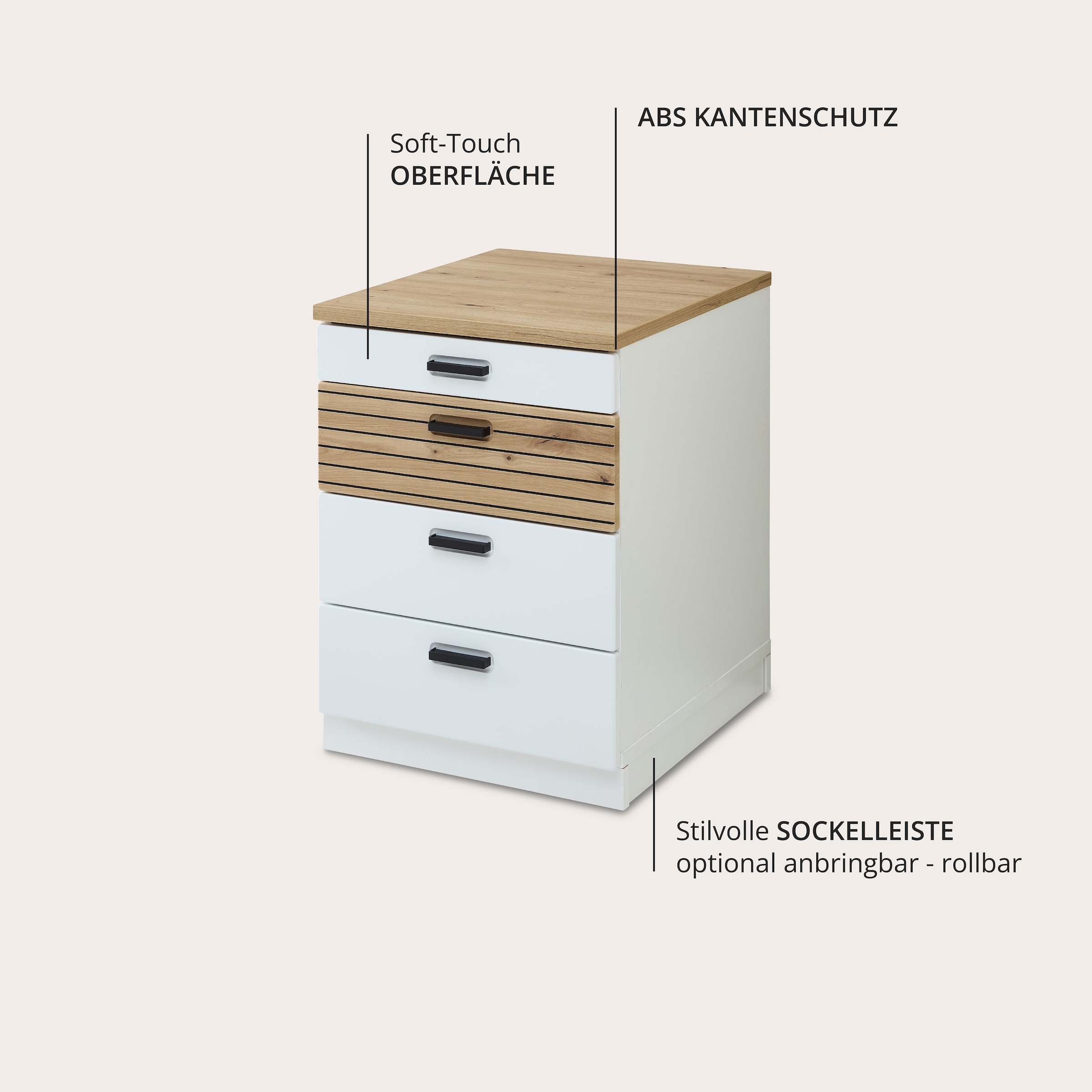 Innostyle Caisson à roulettes »Rollcontainer Glenn, 45 x 66 x 55 cm (B/H/T)« 1 cuis tlg. incl. insert en feutre, 4 roulettes (2 avec freins) ou socle, SK Soft-Close