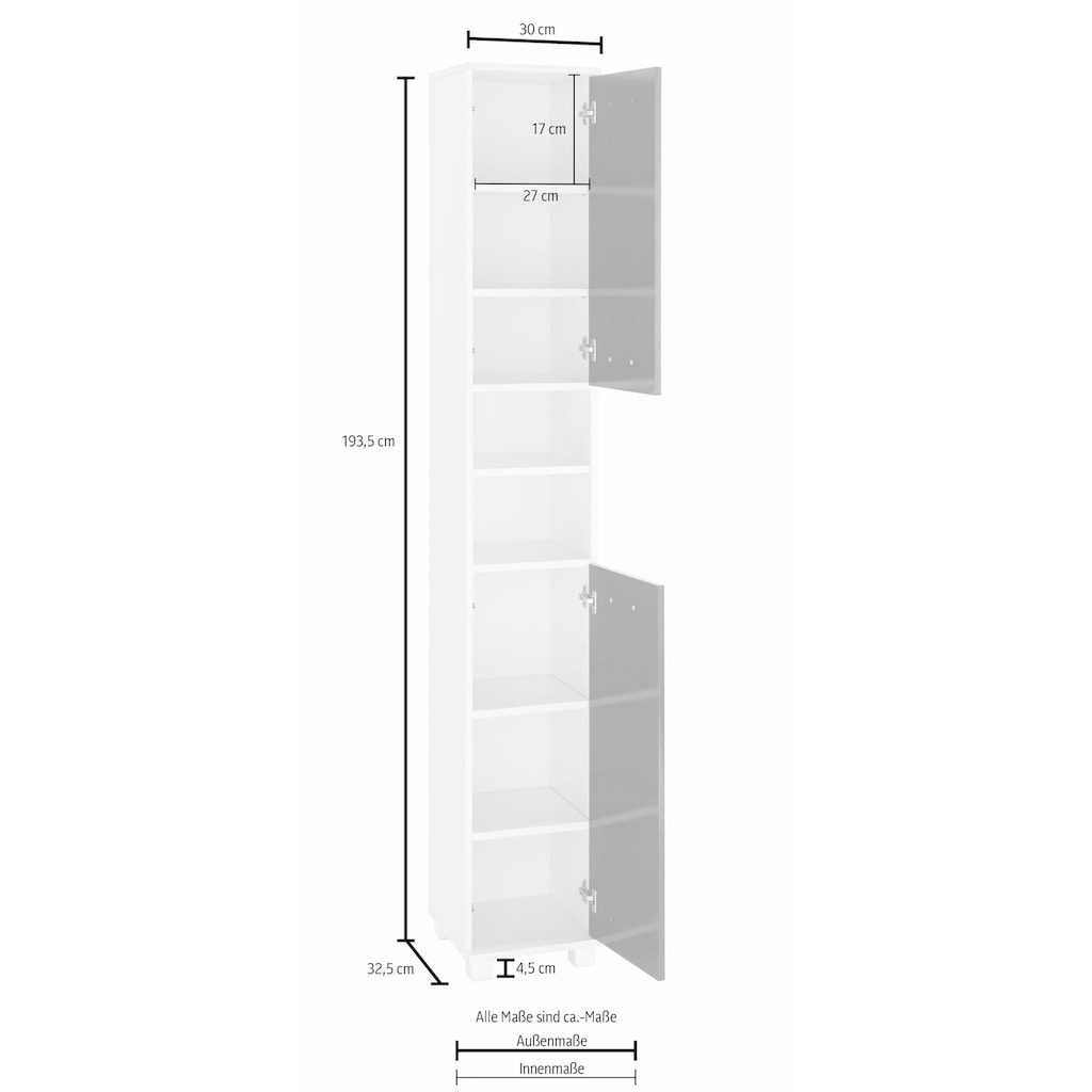 Schildmeyer Hochschrank »Colli«, Höhe 193,7 cm, Badezimmerschrank mit Metallgriffen, Ablageböden hinter den Türen, praktischer Stauraum in den offenen Fächern