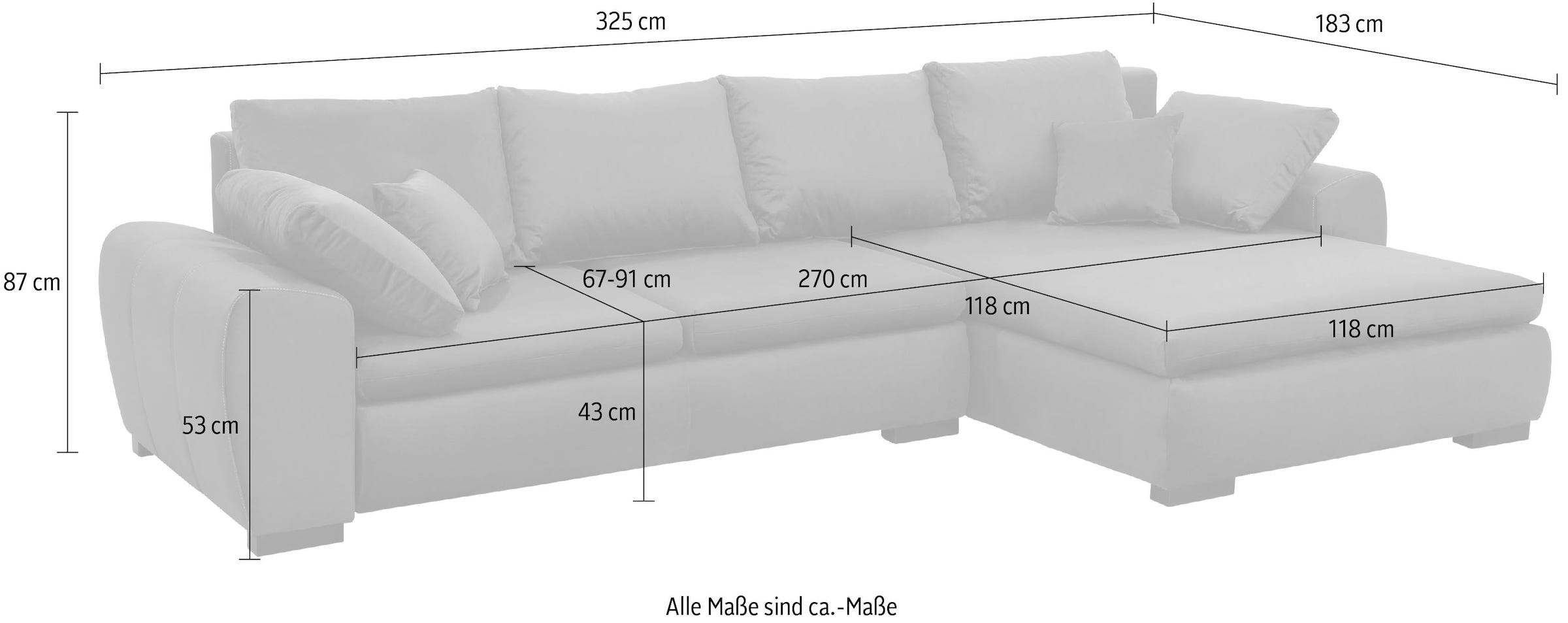 Home affaire Ecksofa »Cara Mia L-Form, B: 325 cm - OTTO. Verlässliche Qualität.« mit 4 Zierkissen, optional Bettfunktion & Bettkasten
