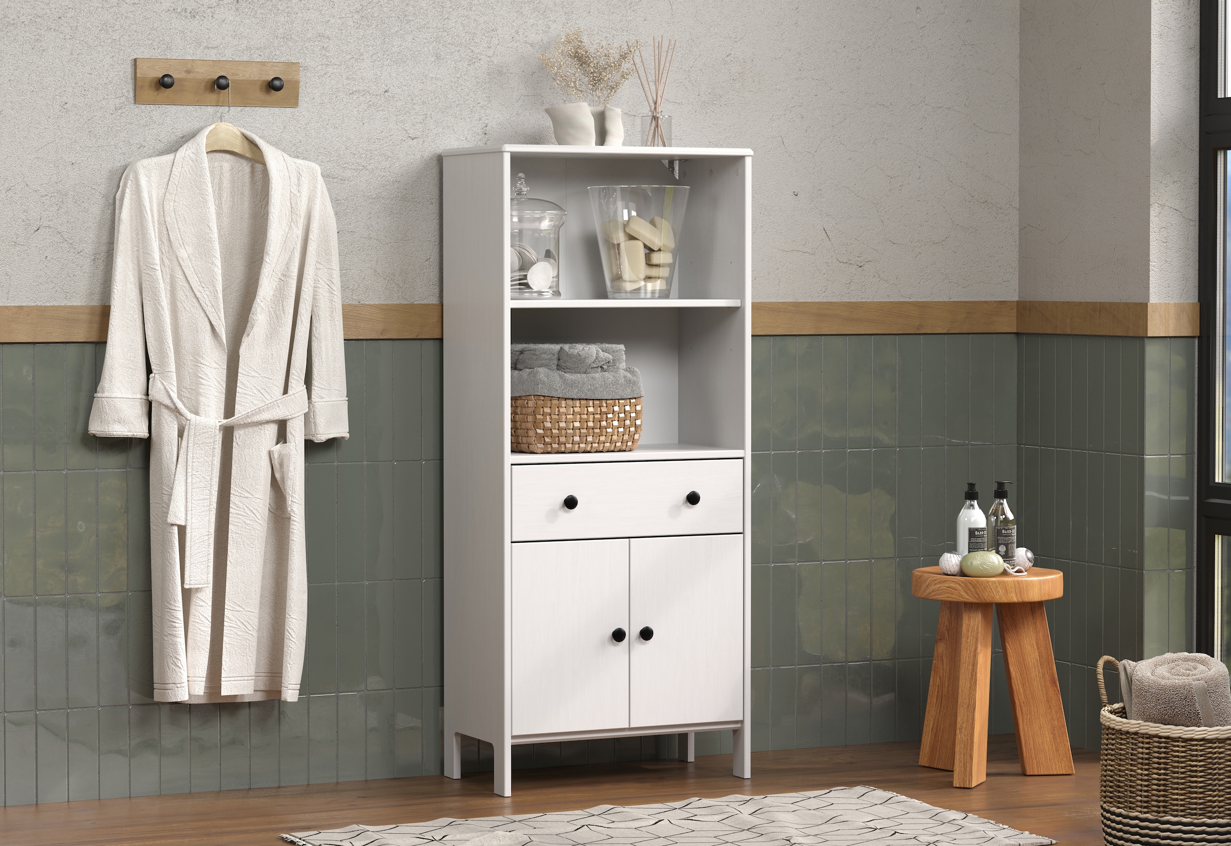 welltime Midischrank »Kall«, (1 St.), Breites Badregal aus Kiefer-Massivholz - Weiss oder Braun lackiert