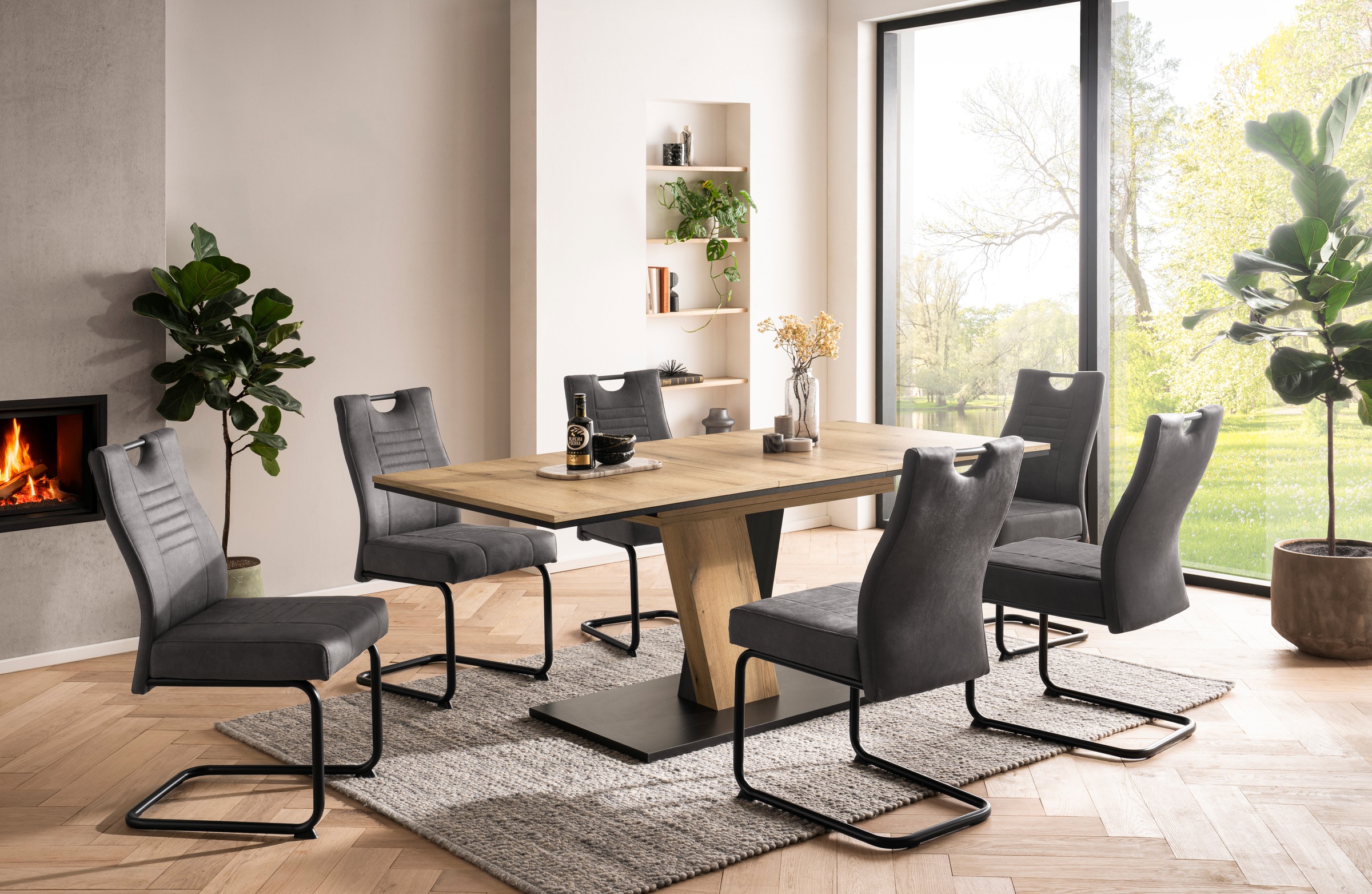Image of GOODproduct Essgruppe ""Altona", Esstisch ausziehbar plus 6 Stühle" Esstisch ausziehbar 140 - 180 cm, 6 Freischwinger, 7 tlg. tlg. Säulentisch 140-180x90 cm, Stuhl mit Federkorb, 140 kg belastbar