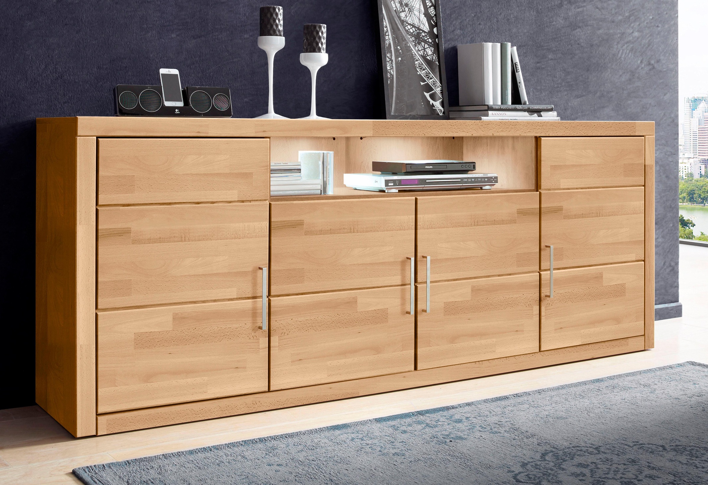 OTTO home Sideboard "Logo,200cm breit,42 cm tief,Fronten Massivholz,11 Fächer" Kernbuche massiv, Holzwerkstoff, 4Türen,11 Fächer,Böden versetzbar