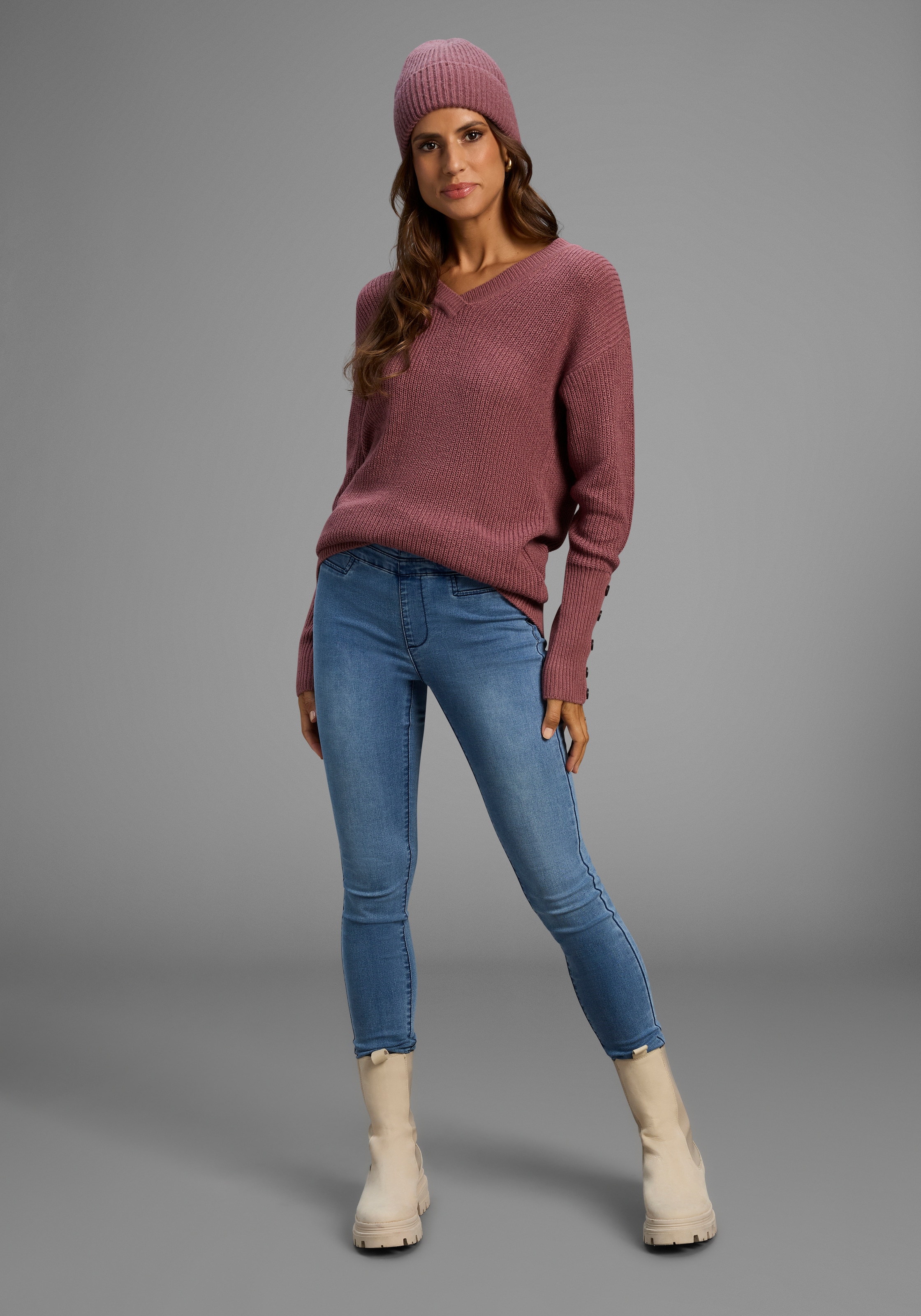 Laura Scott Pull col V Übergangspullover aus Baumwolle mit Knopfleiste - NEUE KOLLEKTION