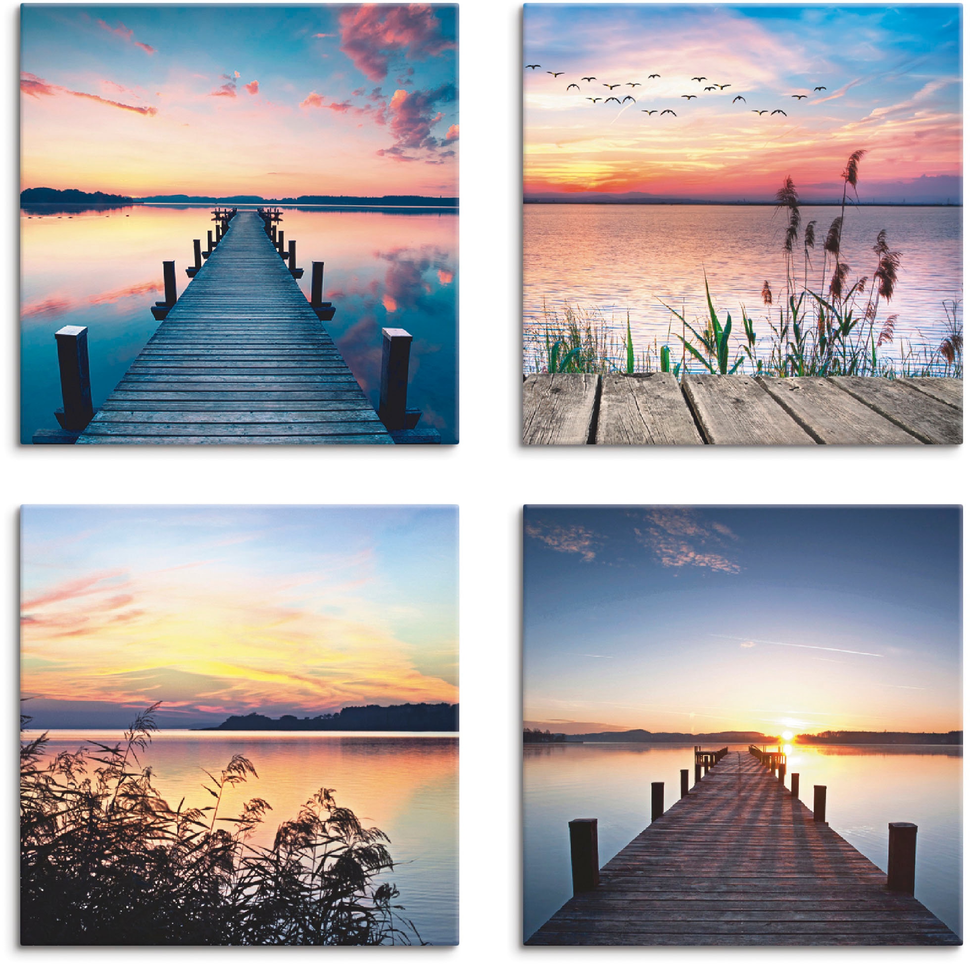 Leinwandbild »Pier See Abendrot Schilf Sonnenstrahlen«, Gewässer, (4 St.), 4er Set,...