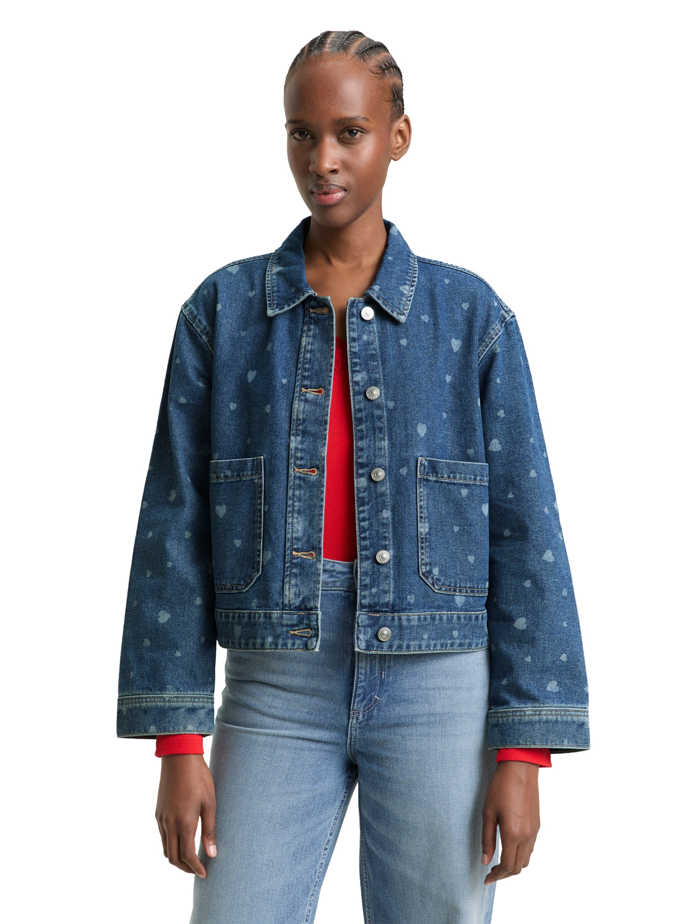 Image of TOM TAILOR Denim Jeansjacke ohne Kapuze mit All-Over-Herz-Print