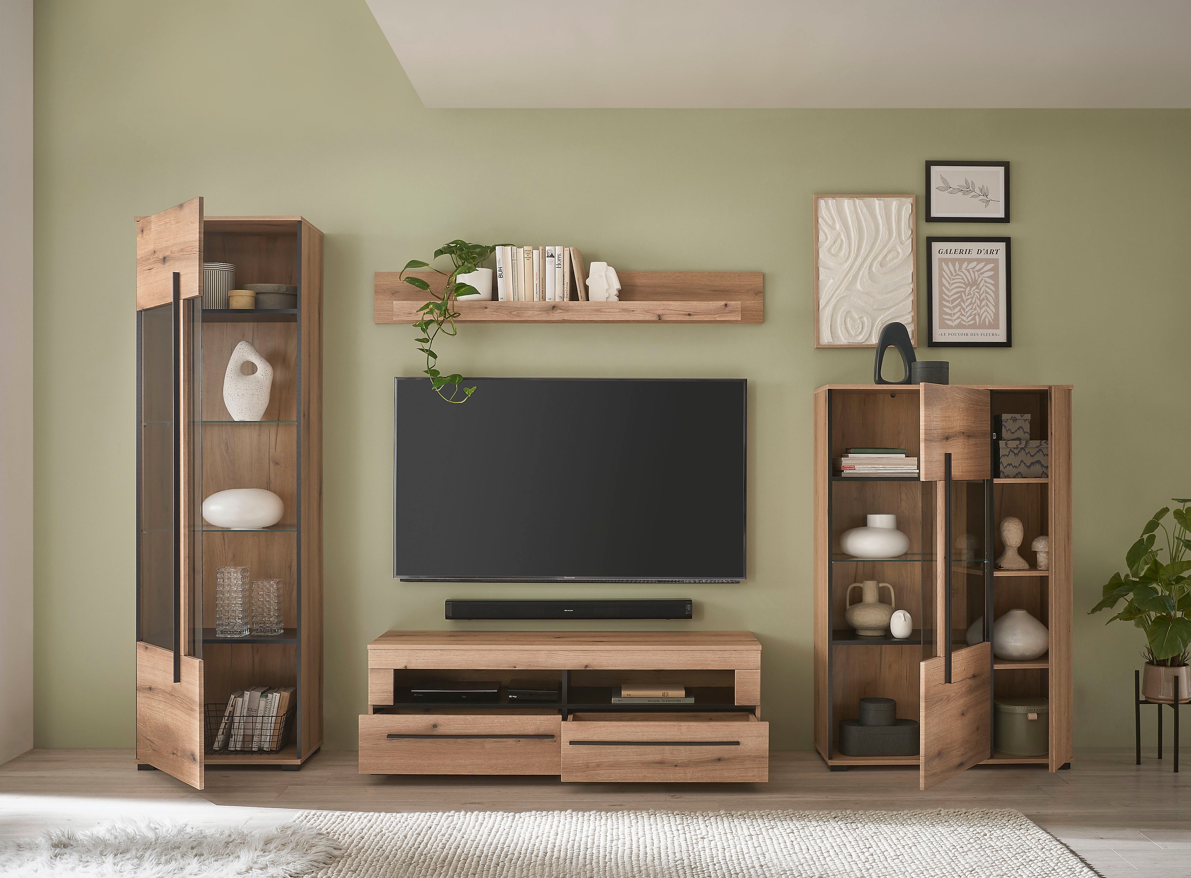 INOSIGN Wohnwand »Cantara, moderne Anbauwand, Wohnzimmer-Set, in Eiche Evoke oder Weiss«, (Set), enthält zwei Vitrinen, ein Lowboard und ein Wandboard