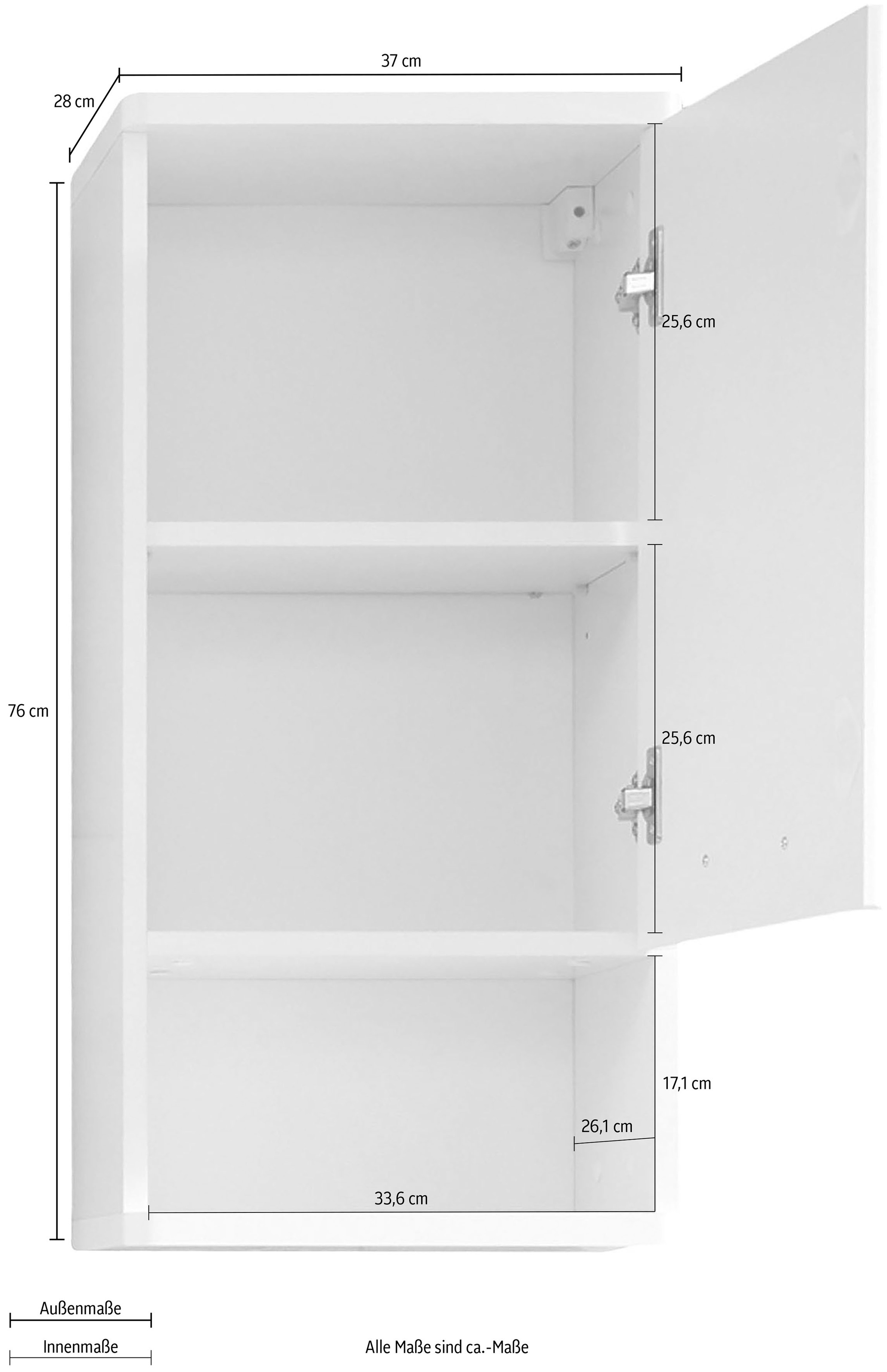 welltime Hängeschrank »Mora«, Badschrank in Weiss Hochglanz mit Ablagefach - Masse (B/T/H) 37/28/76 cm