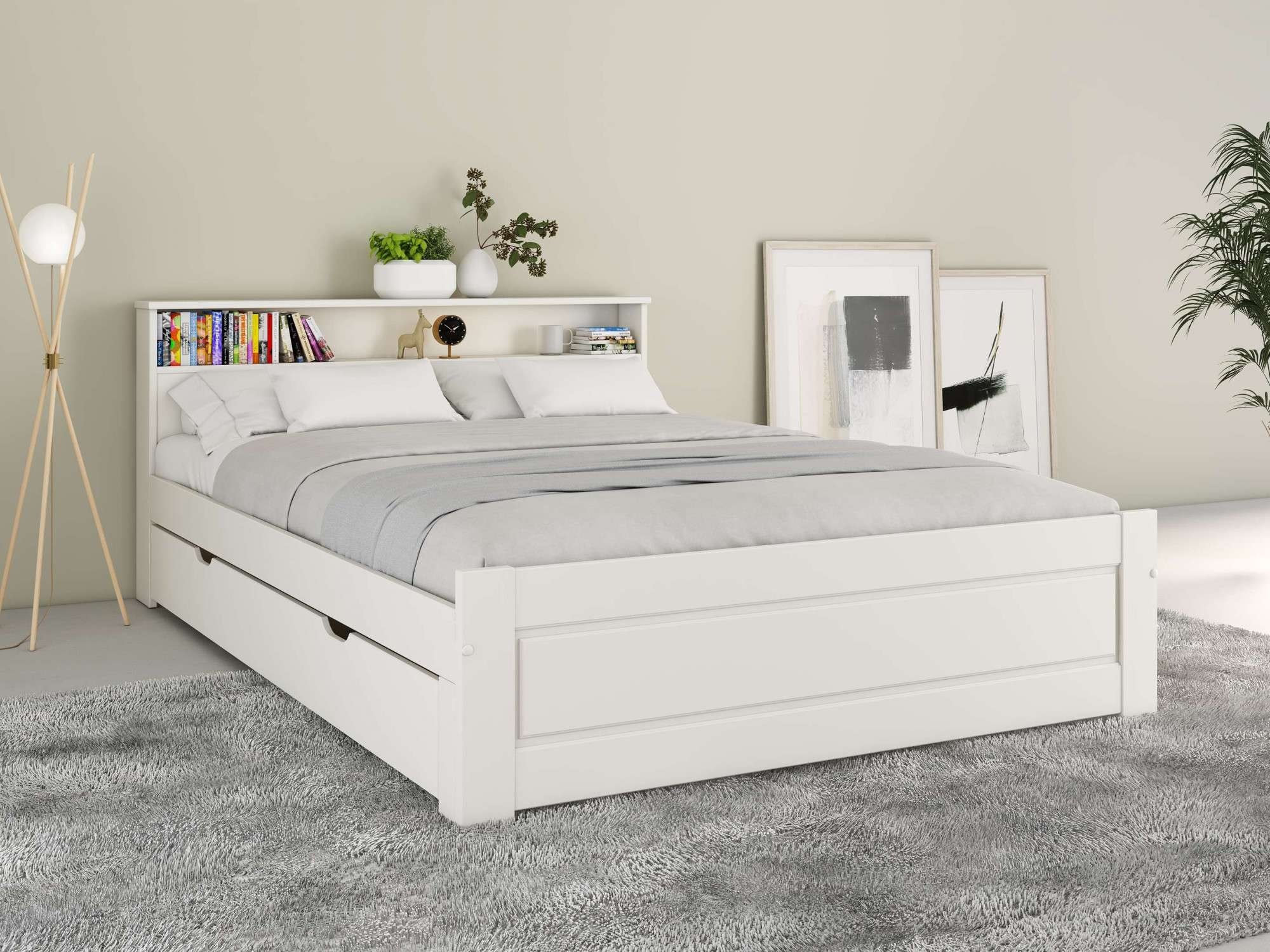 GOODproduct Massivholzbett »FLAVION, TOPSELLER! Jugendbett, FSC® zertifizierte massive Kiefer« Breite: 140,  Qualitätsprodukt, Regal, Kassettenoptik, Schublade optional