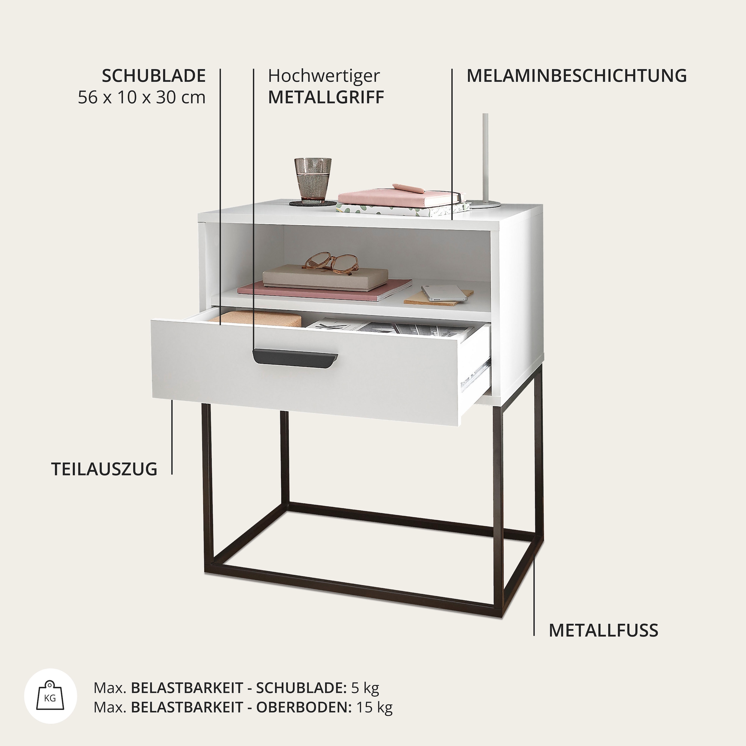 Schlafkontor Table de nuit »Cudro Nachttisch auf Fussgestell« mit einem offenen Fach für schnellen Zugriff
