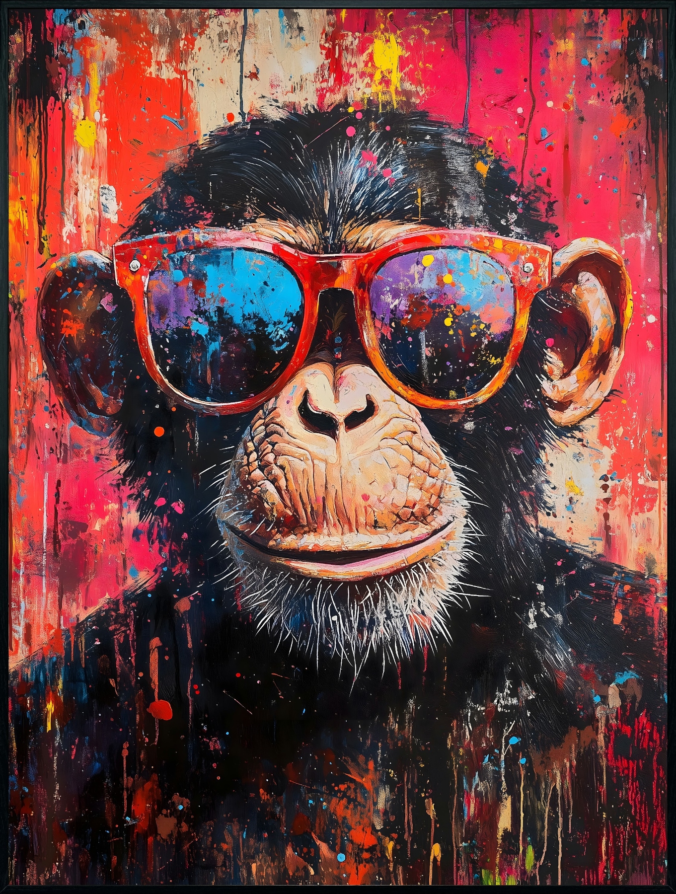 Image of Bönninghoff Ölgemälde "handarbeit gerahmt SCHIMPANSE 60x90 cm – Wandbild Pop Art" Affen Affenbilder Pop Art 1 Stk. tlg. handgefertigt, jedes Bild ein Unikat, Schattenfugenrahmen