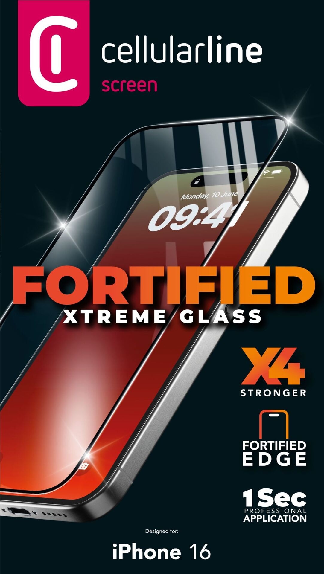 Cellularline Displayschutzglas »FORTIFIED XTREME GLASS«, für Apple iPhone 16, Displayschutzfolie, Schutzfolie, Bildschirmschutz, kratz- & stossfest