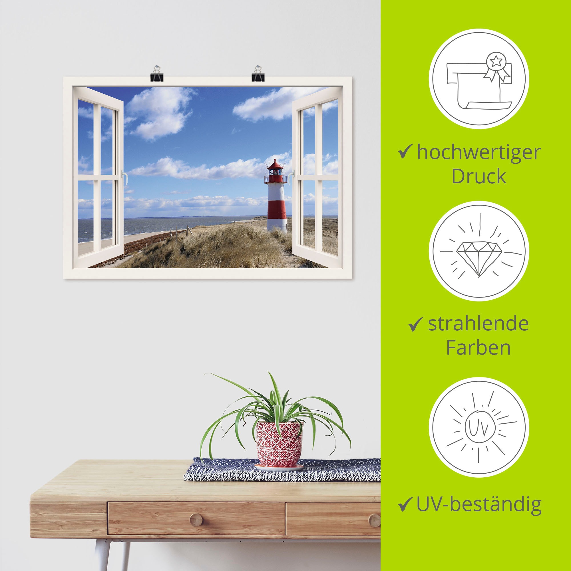 Artland Wandbild »Fensterblick - Leuchtturm Sylt« Fensterblick 1 Stk. tlg. als Leinwandbild, Poster in verschied. Grössen