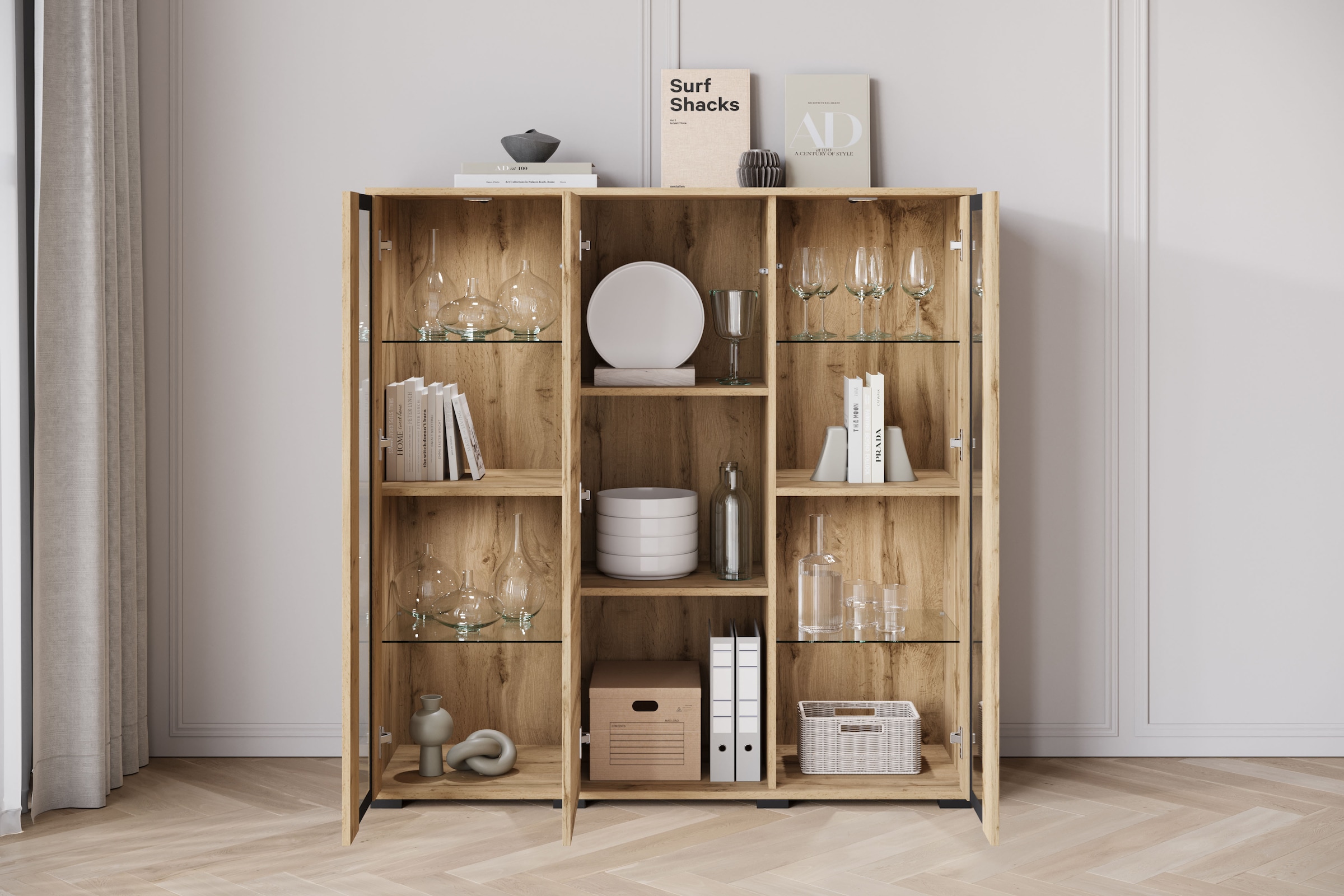 Home affaire Highboard »Caro, modernes Design mit Glaseinsätzen, Breite 120 cm« 1 Stk. tlg. grifflose Fronten mit Push-to-Open, höhenverstellbare Einlegeböden