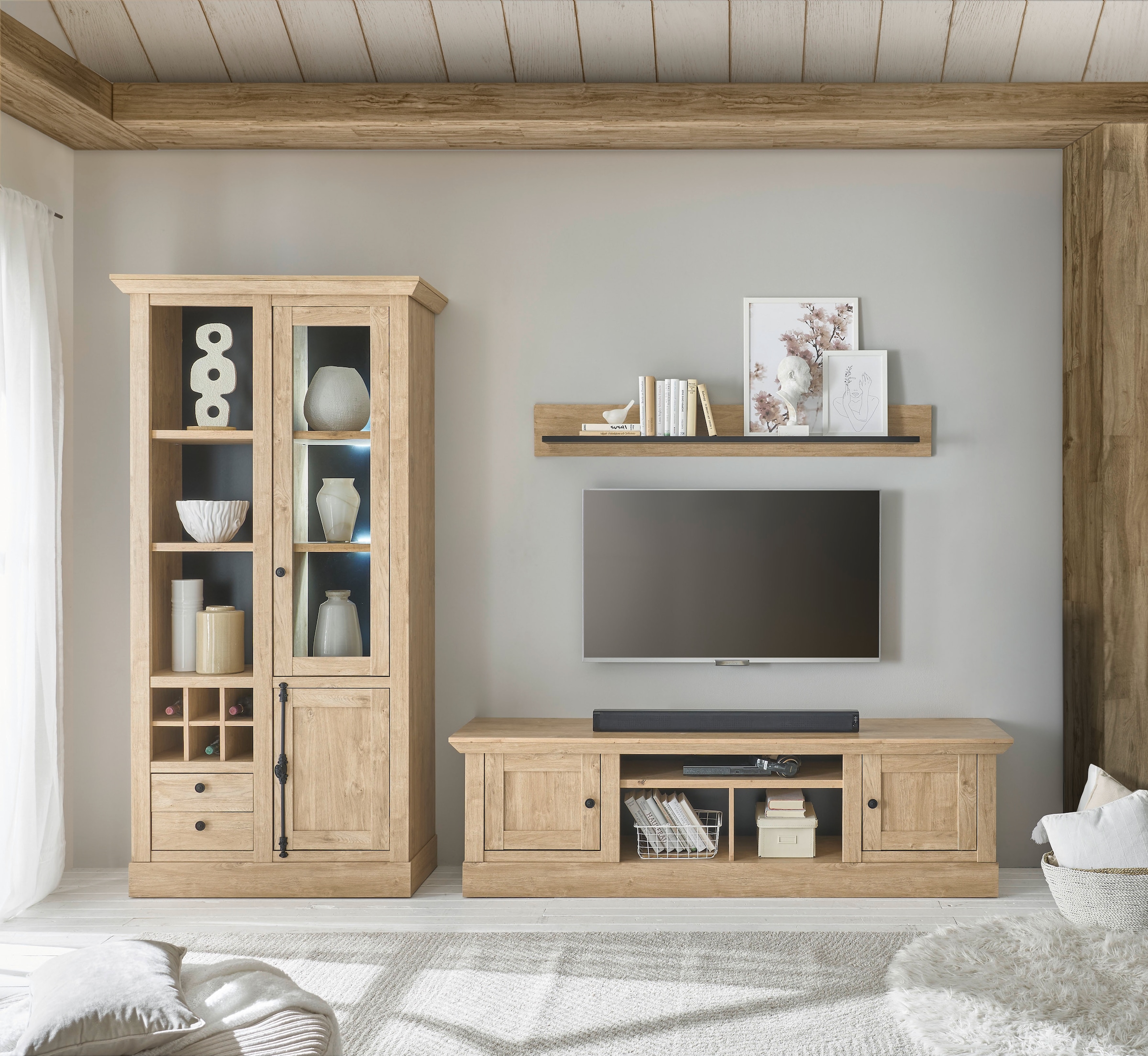 Image of Home affaire Wohnwand "Cornwall, Anbauwand im Landhausstil, Wohnzimmer-Set, in Eiche Dekor" Set, 3 Stk. tlg.