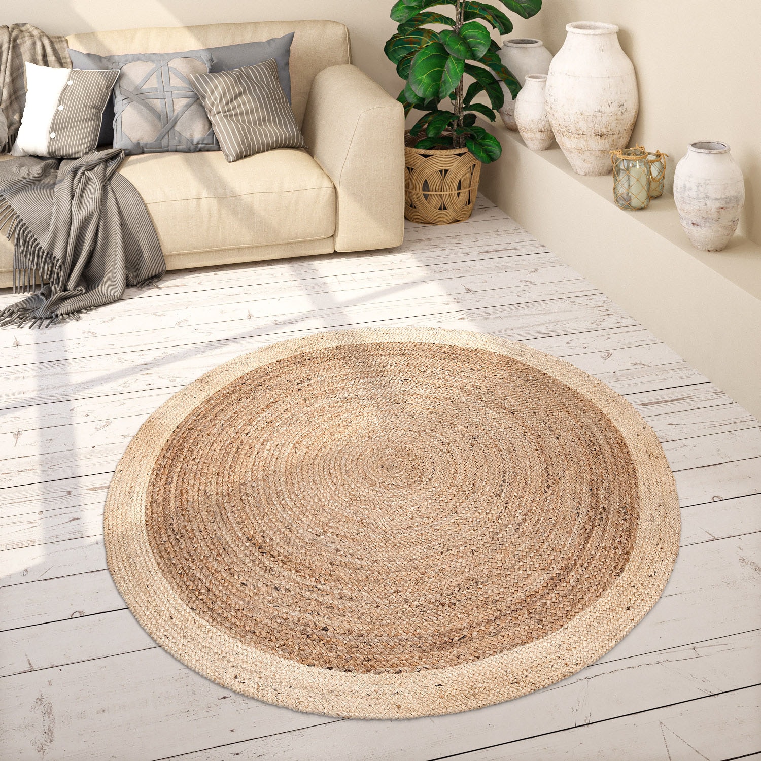 Image of Paco Home Teppich "Viborg 594" rund 6 mm Höhe Jute, Modern, Boho, Ethno, Handgefertigter Natur-Teppich