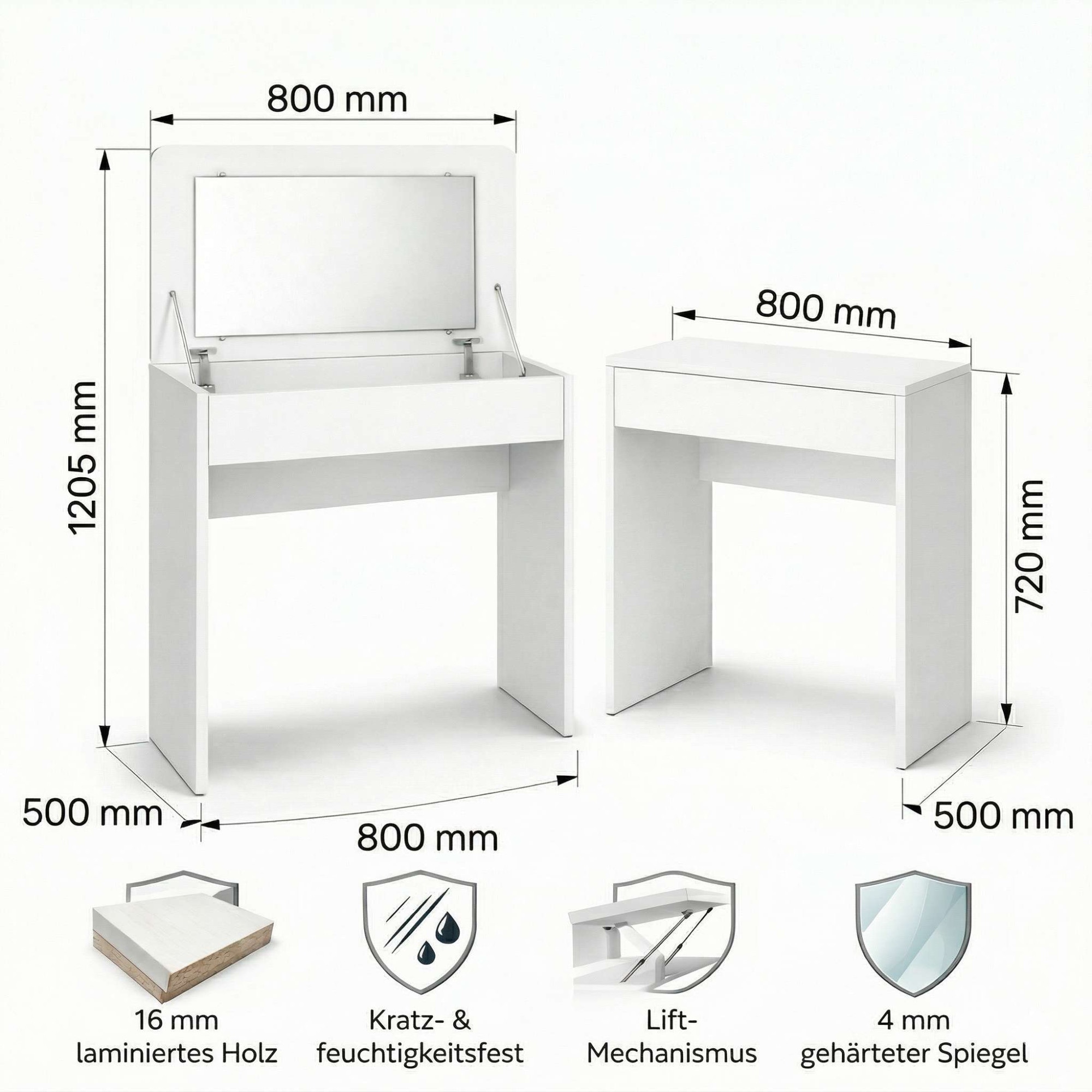 GOODproduct Coiffeuse »Trympo 7, Kosmetiktisch, Frisiertisch, Schminkkommode, Toilettentisch« Schminktisch mit Spiegel und Stauraum, Breite 80cm