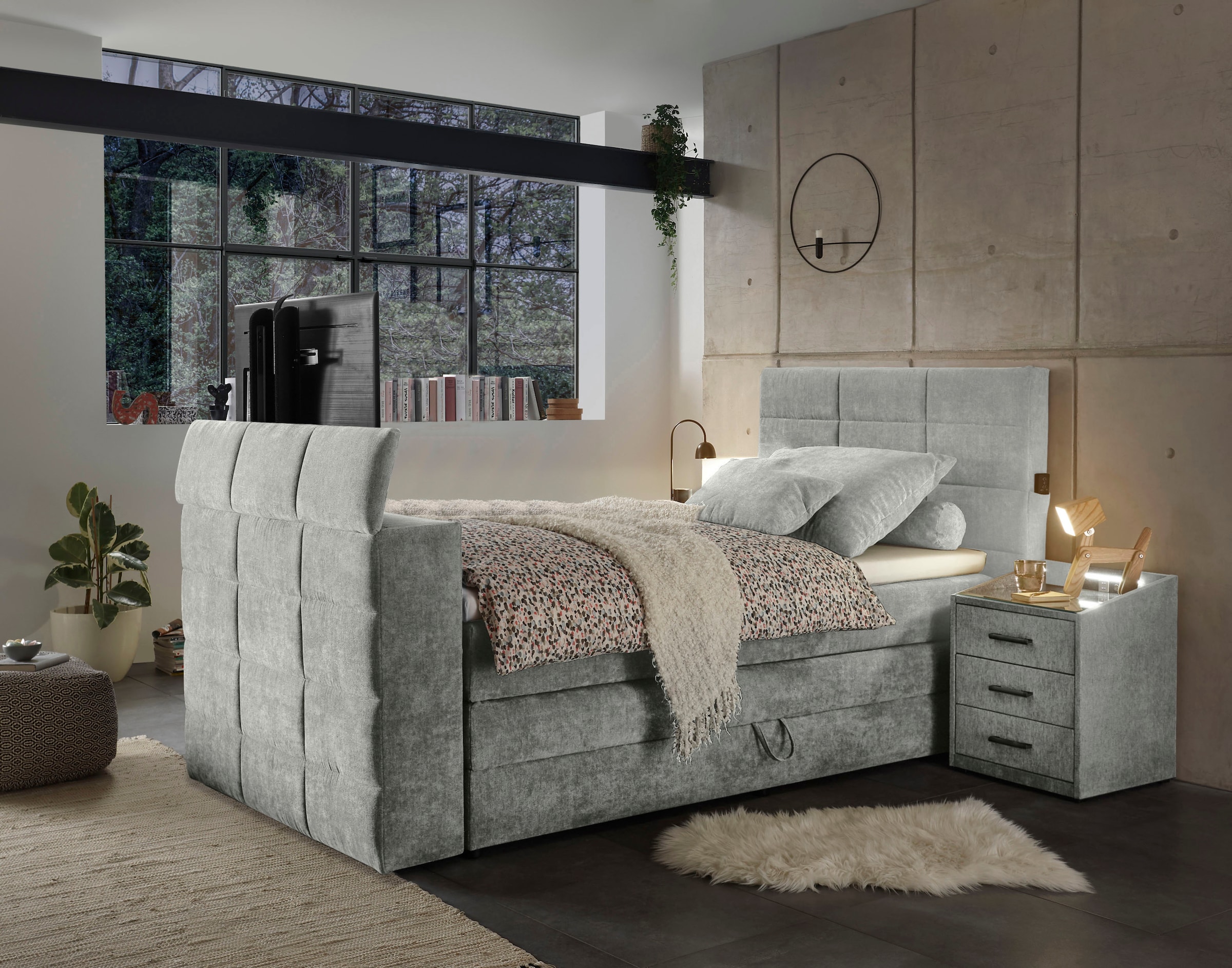 ED EXCITING DESIGN Lit boxspring »Denver« inkl. 1 bzw. 2 Bettkästen, motorisierte TV-Halterung bis 40 Zoll