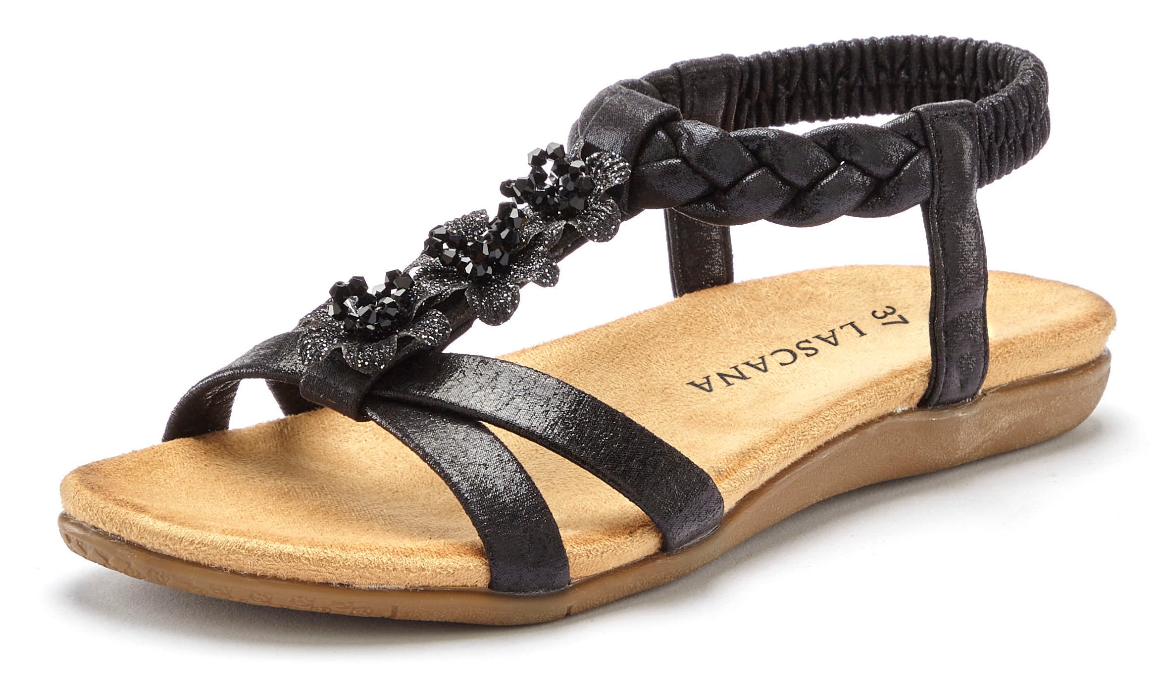 LASCANA Sandale »Sommerschuh, Sandalette, offener Schuh,«  mit eleganten Schmucksteinchen und elastischem Riemchen