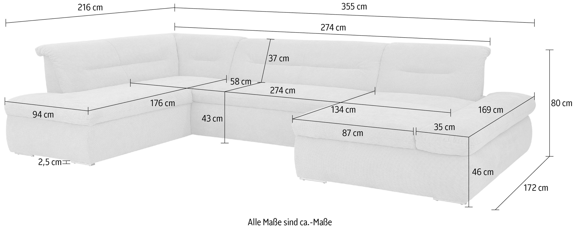 Home affaire Wohnlandschaft »Avesa U-Form« Wahlweise mit Armteilverstellung und Bettfunktion, B/T/H: 355/216/80cm