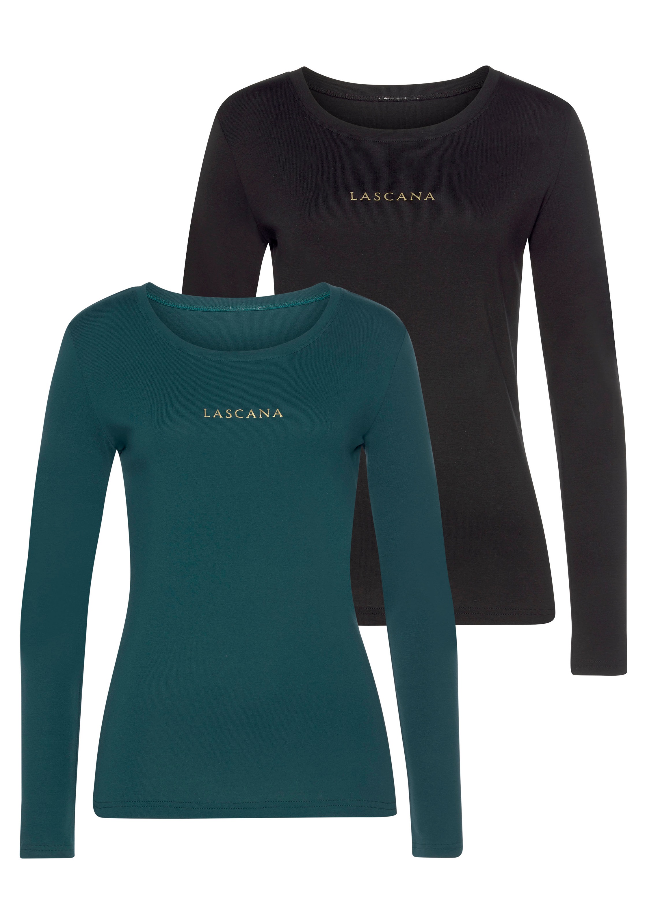Image of LASCANA Langarmshirt, (2er-Pack), mit goldfarbenenem Logodruck bei Ackermann Versand Schweiz