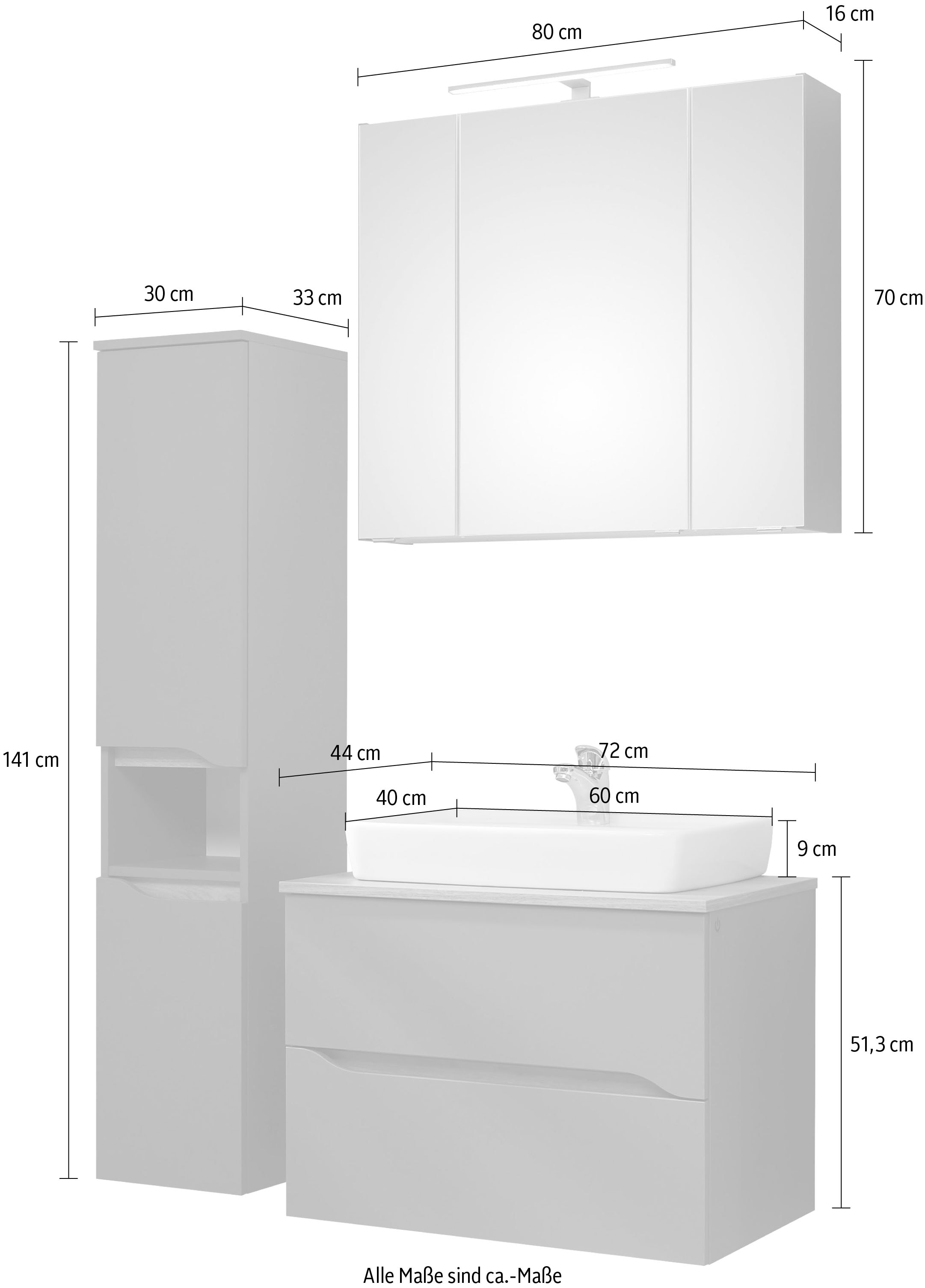 Saphir Ensemble de meubles de salle de bain »Quickset 3-teilig, Keramik-Aufsatzbecken mit LED-Spiegelschrank« 3 cuis tlg.