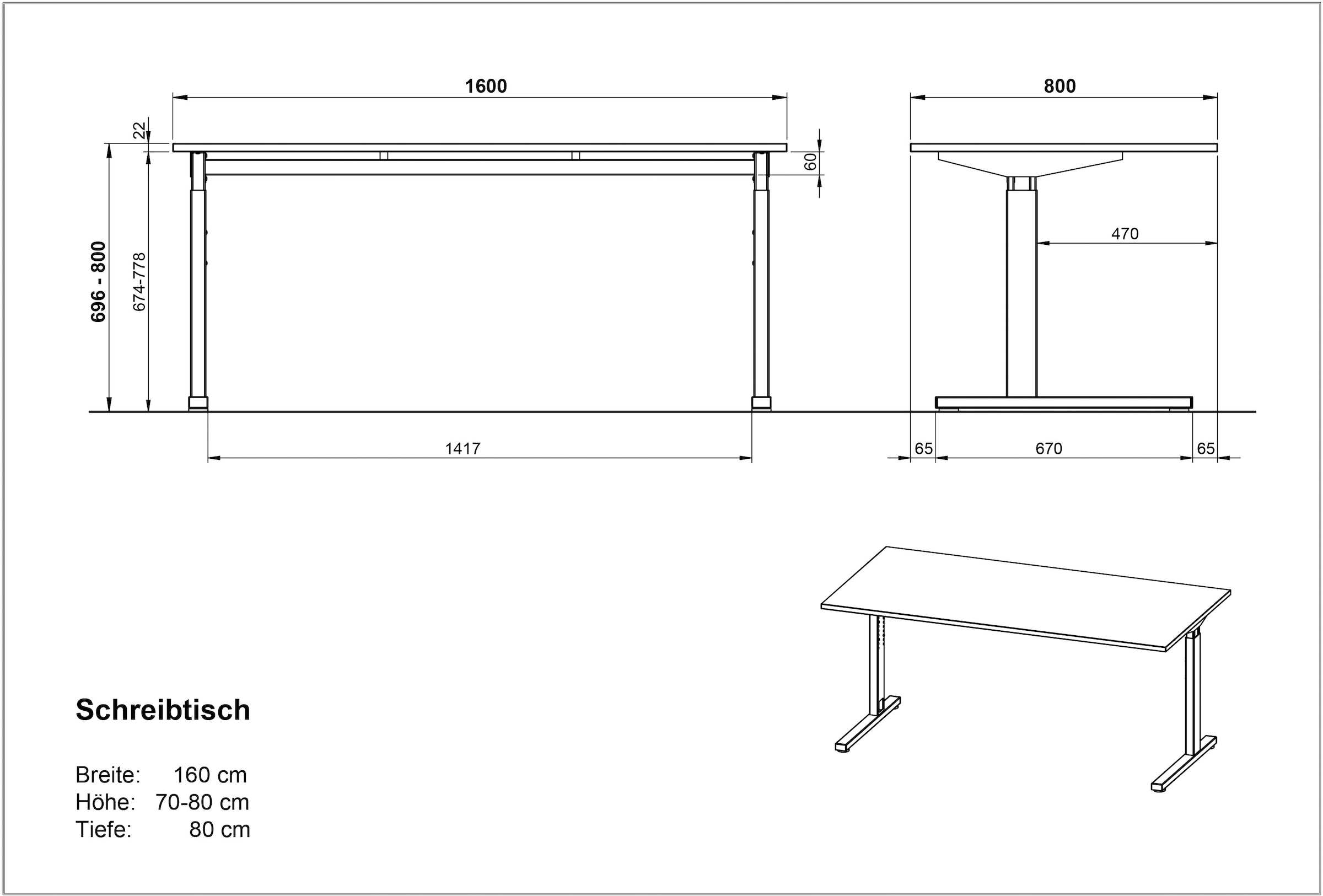 GERMANIA Schreibtisch »GW-Profi 3.0«, höhenverstellbar (70- 80 cm), in 2 Breiten, Made in Germany