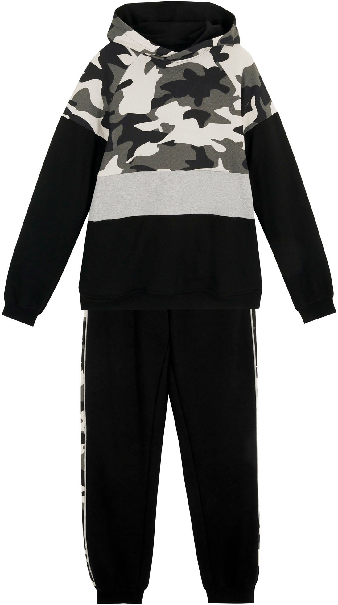 bonprix T-shirt à manches longues & pantalon »Sweatshirt & Jogginghose« Set, 2 mit Tarn-Print, Colorblocking-Einsätzen und mit bequemen Rippbündchen