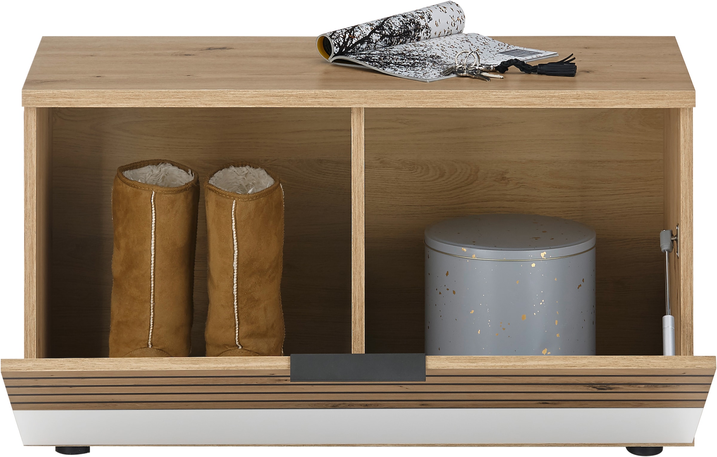 HBZ Garderoben-Set »5-tlg. Eiche Stripes Optik Flurgarderobe Stellmass BxHxT 260x197x38 cm«, (5 St.), Mit Schuhkommode, Hochschrank, Bank, Paneel, Spiegel