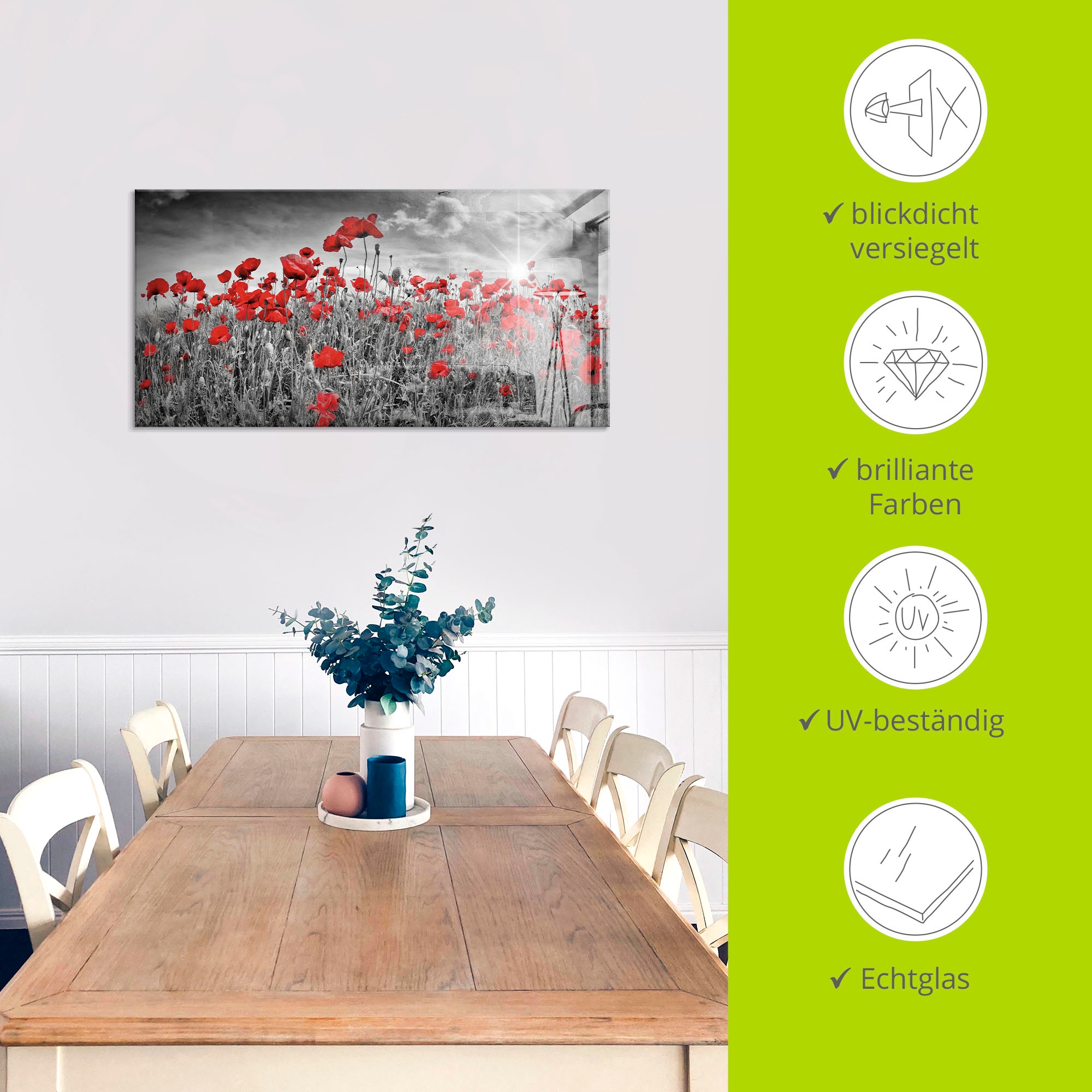 Artland Tableau en verre »Idyllisches Mohnblumenfeld mit Sonne« 1 cuis tlg. in verschiedenen Grössen