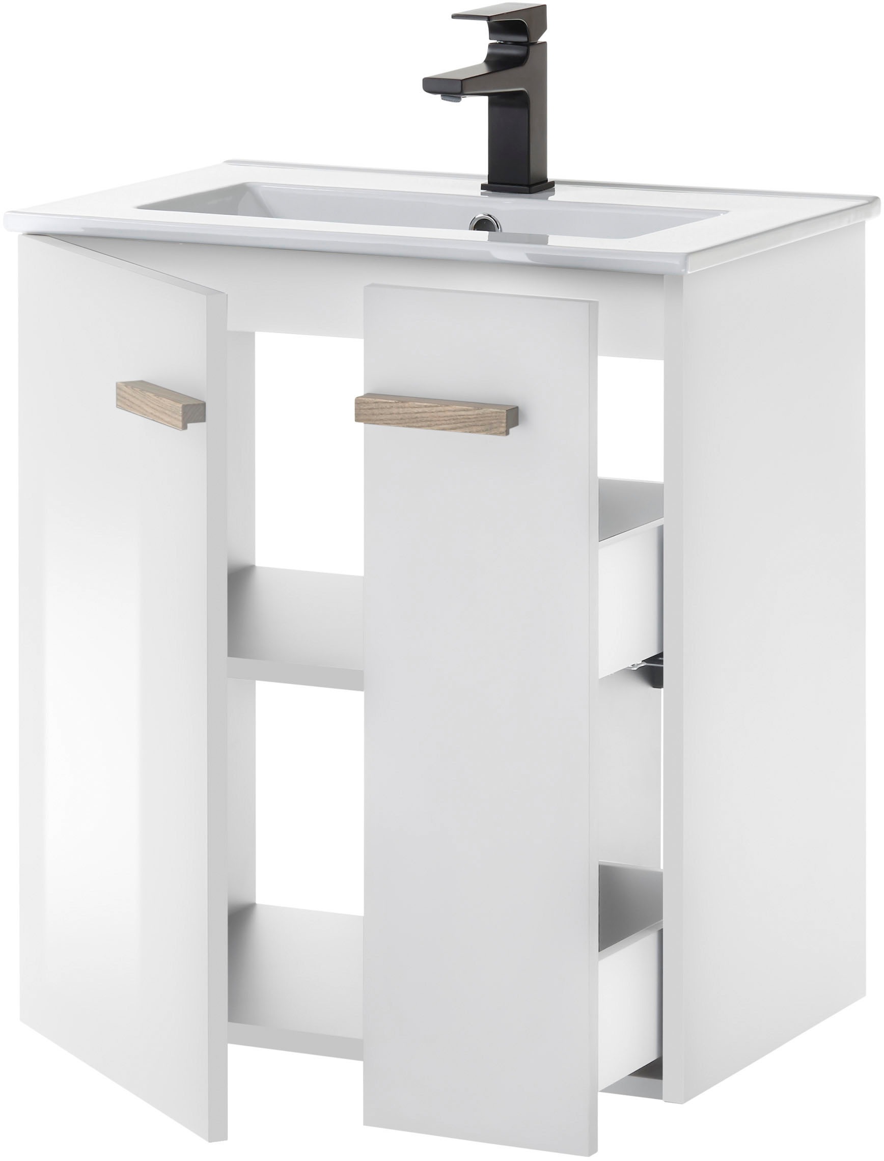 PLACES OF STYLE Waschtisch »SOLiD, Unterschrank inkl. Waschbecken, Badschrank mit Holzgriffe« in zwei Farben verfügbar, inkl. Waschbecken, Breite 60 cm