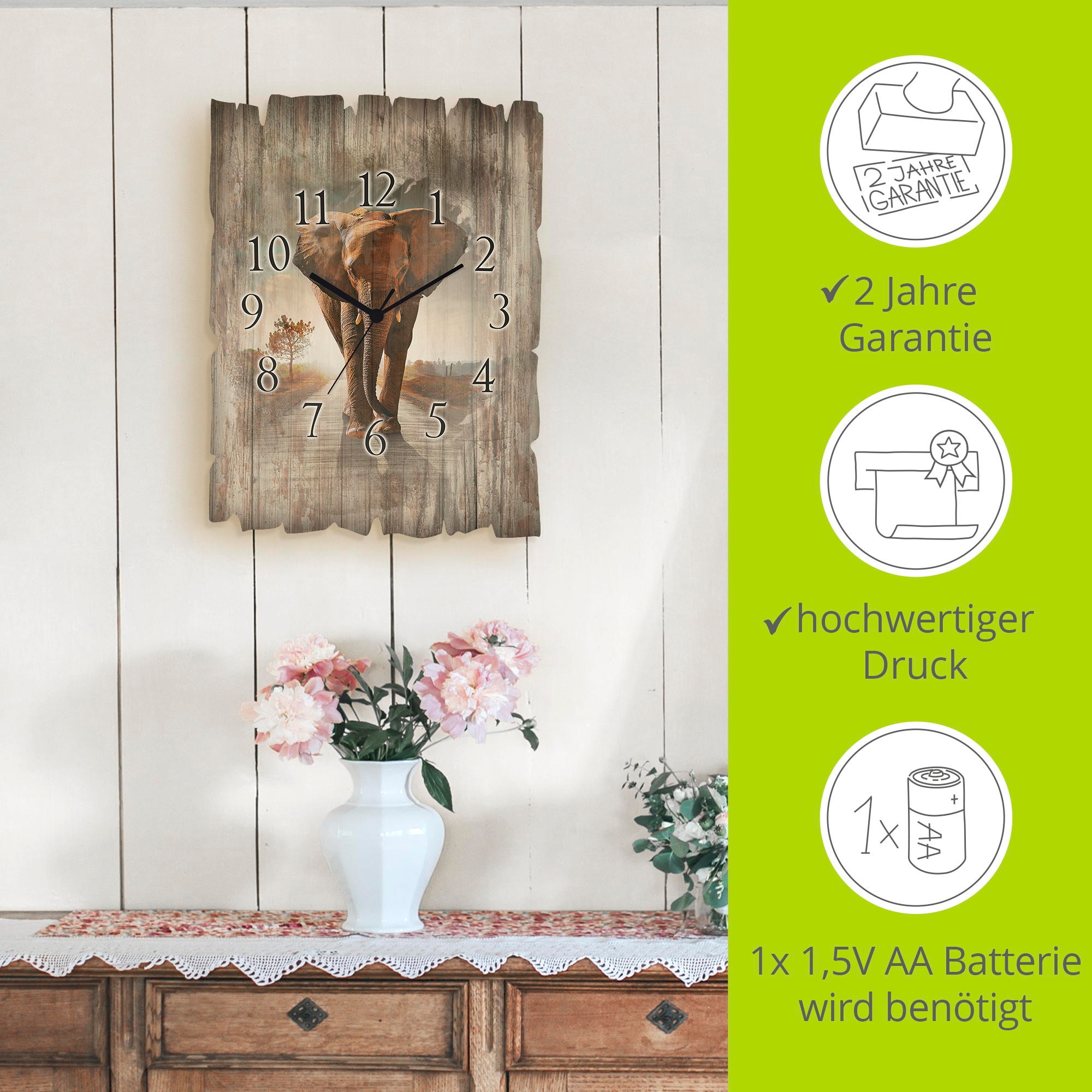 Artland Wanduhr »Ein Elefant läuft auf der Strasse« wahlweise mit Quarz- oder Funkuhrwerk, lautlos ohne Tickgeräusche