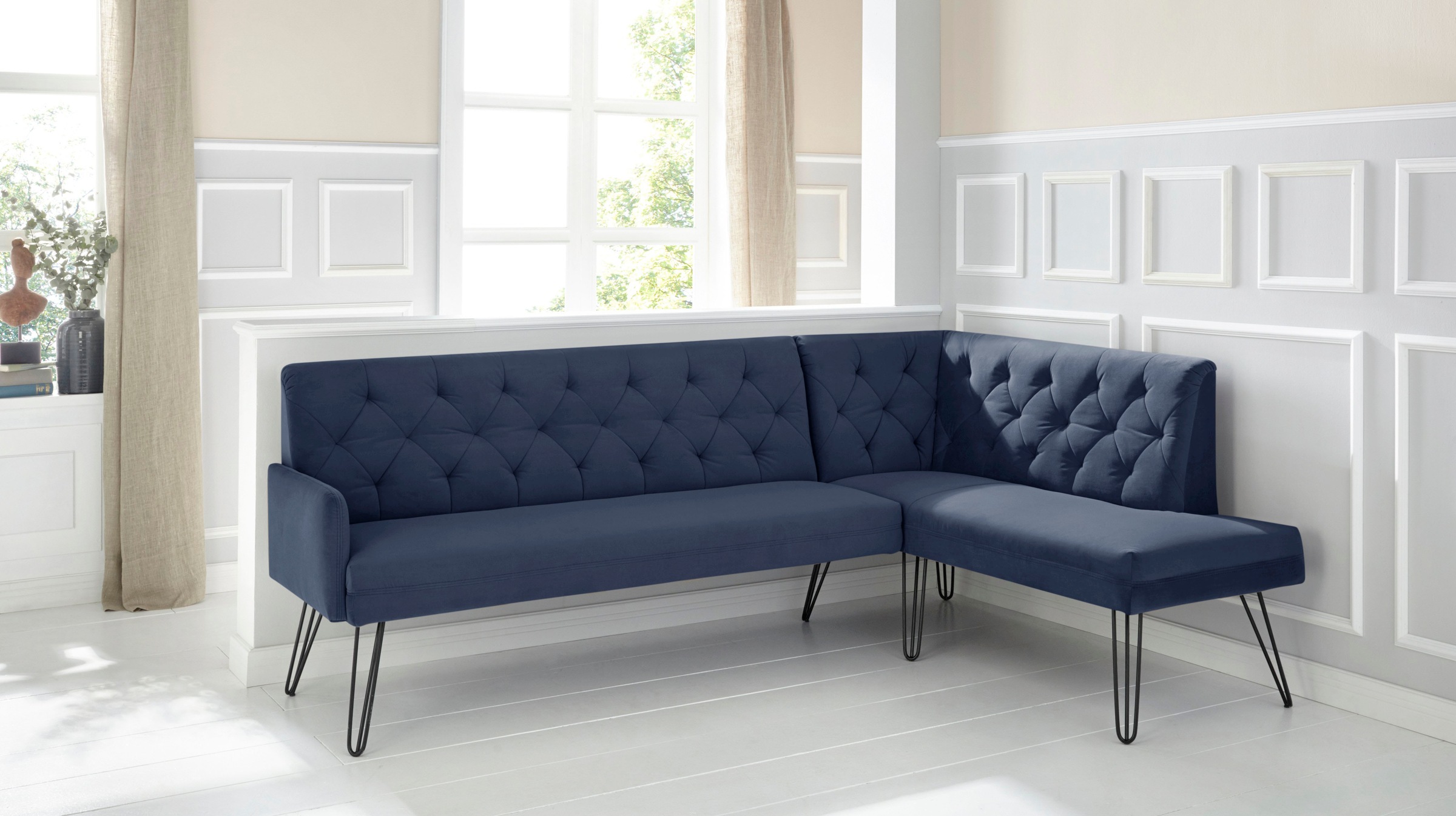 exxpo - sofa fashion Eckbank »Doppio, Chesterfield Optik, komfortabel und bequem, hohe Designfüsse«, Frei im Raum stellbar