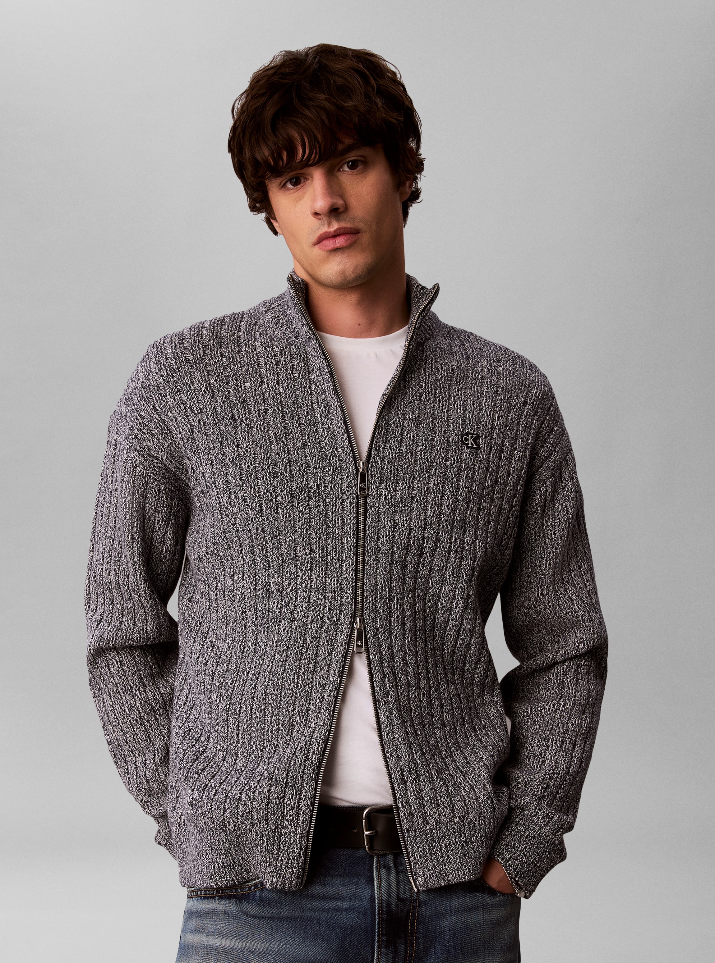 Image of Calvin Klein Rundhalspullover "VERTICAL TEXTURE COTTON" Regular fit mit 2-Wege-Reissverschluss
