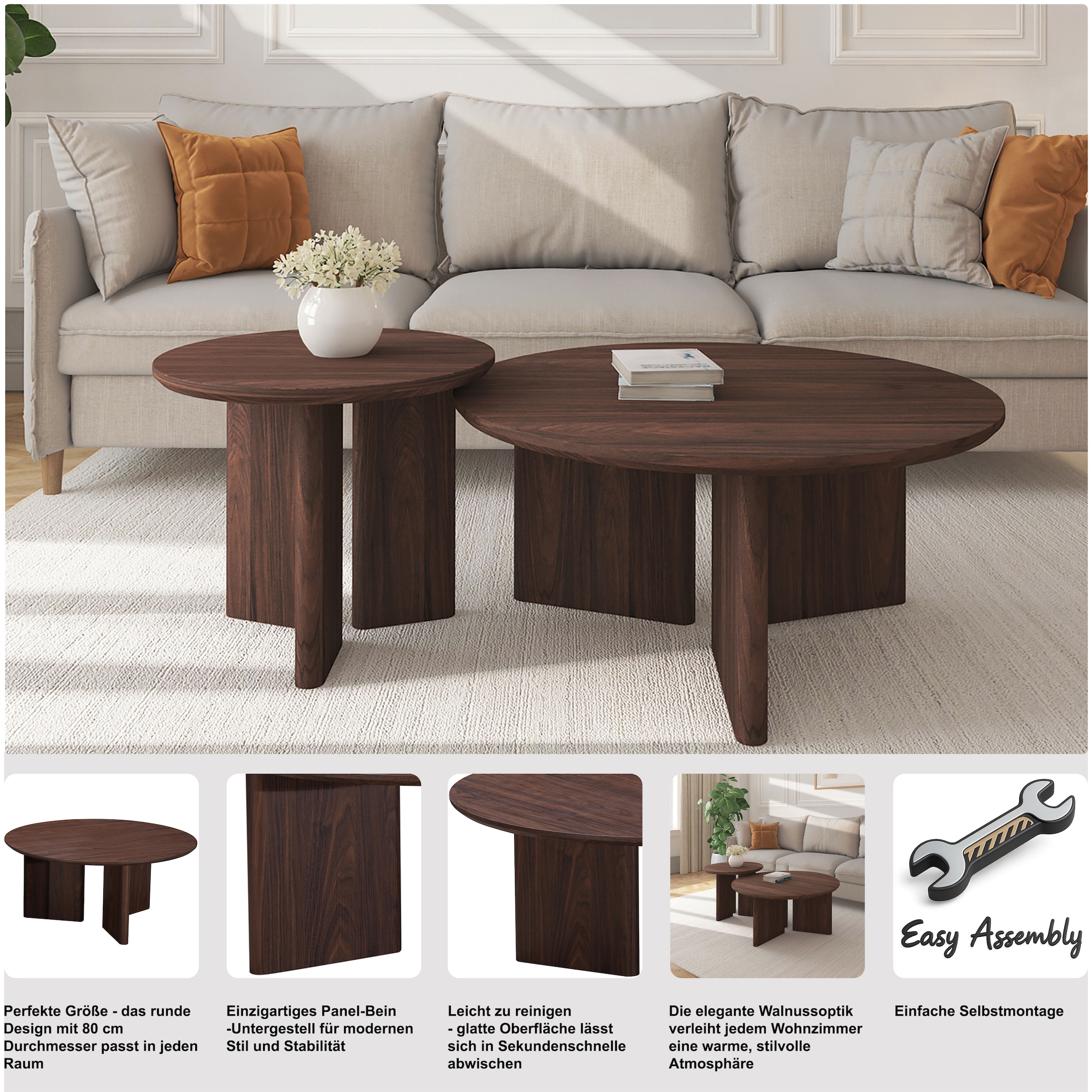 GOODproduct Table basse »Cassian« 1 cuis tlg. Eichenoptik, modernes Fussgestell, Ø80 cm