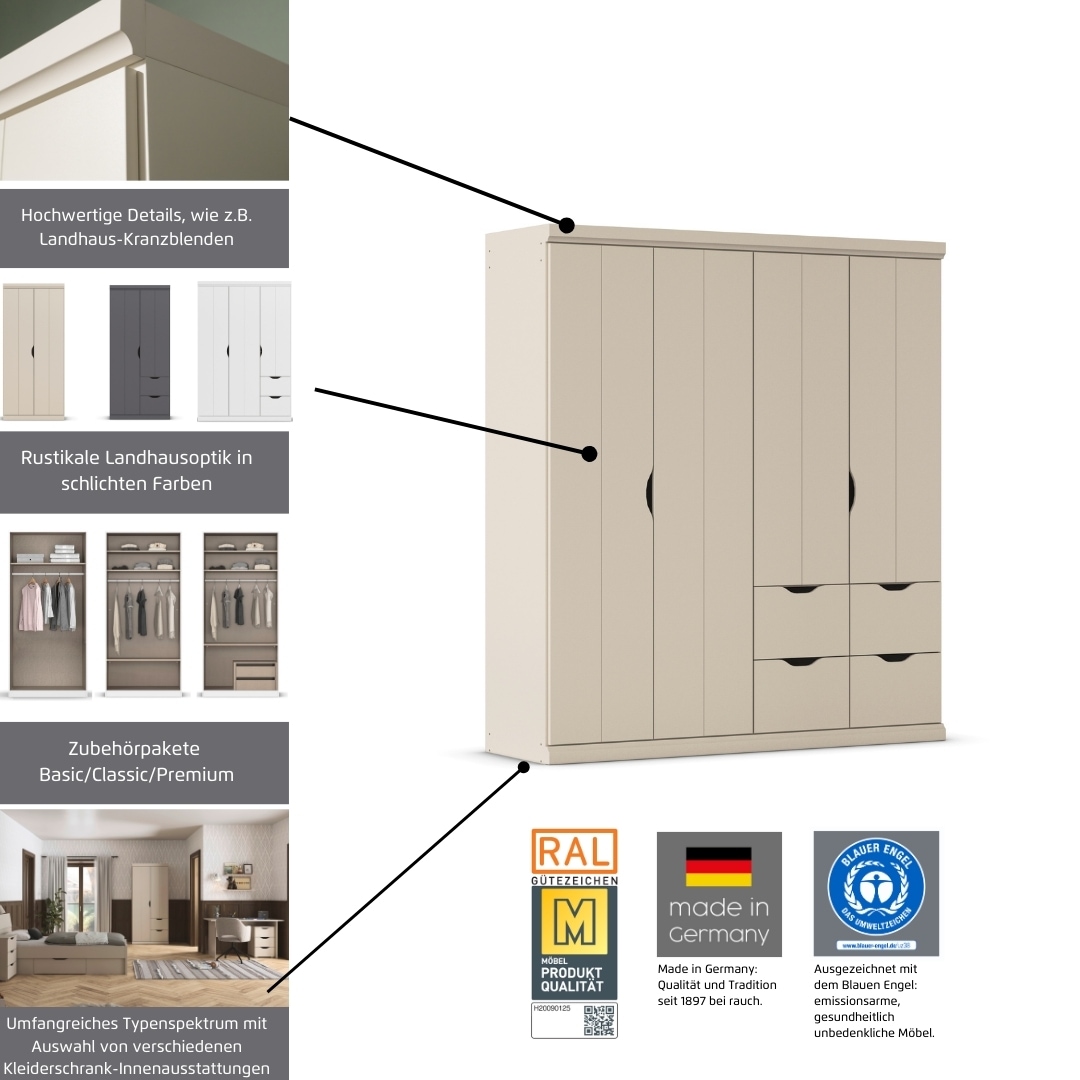 GOODproduct Kleiderschrank »Mehrzweckschrank Aktenschrank Möbel Mietswohnung Schlafzimmer MARLENE« 3 verschiedene Ausstattungen BASIC/CLASSIC/PREMIUM (inkl. SOFT-CLOSE),  in 3 Breiten 91/136/181 cm im Landhaus-Stil MADE IN GERMANY