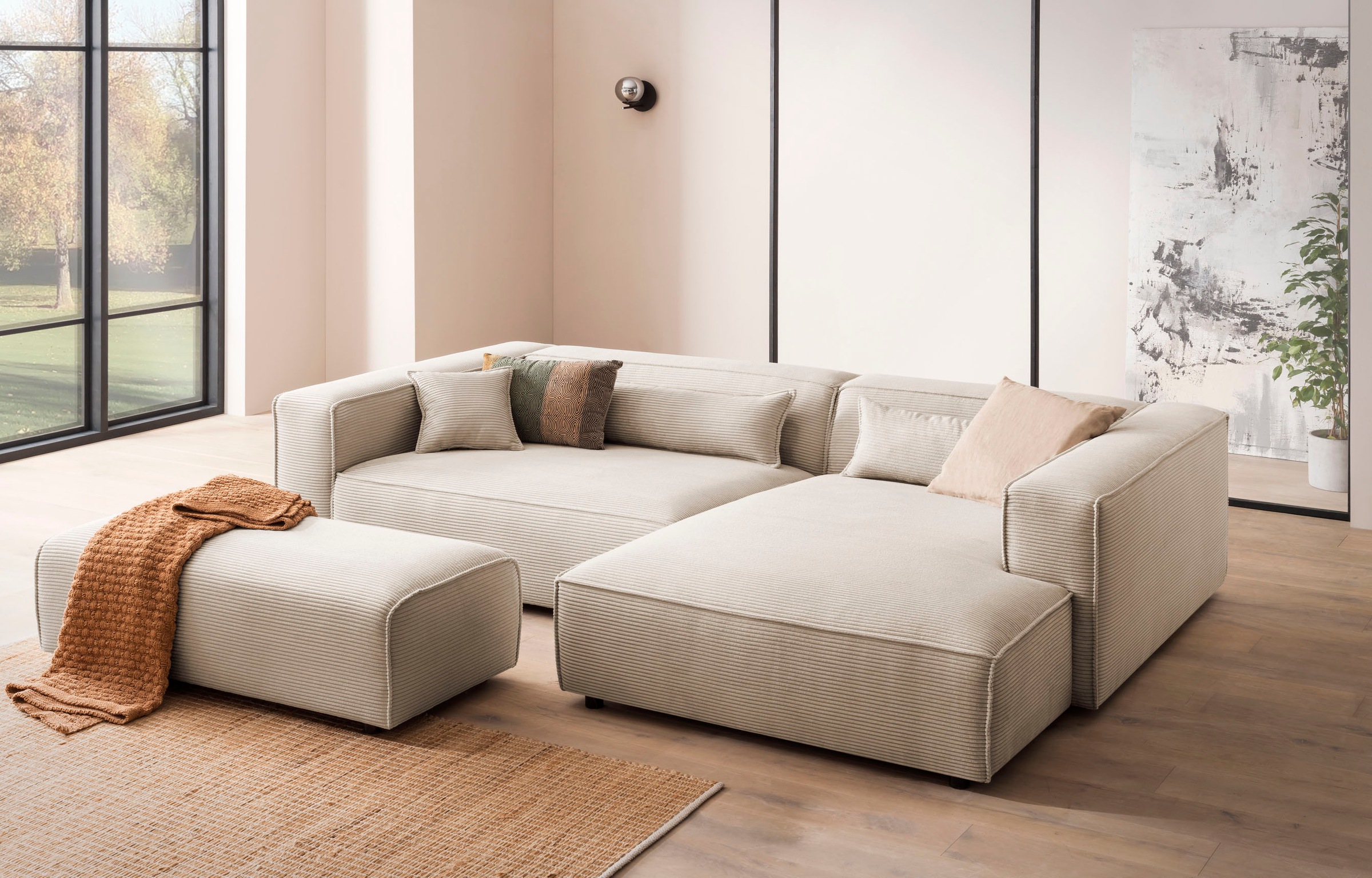 LeGer Home by Lena Gercke Hocker »PIARA, Polsterhocker mit Kedernaht in Cord oder Leinenoptik«, zur Serie PIARA, rechteckig, schwarze Füsse, bequemer Sitzkomfort