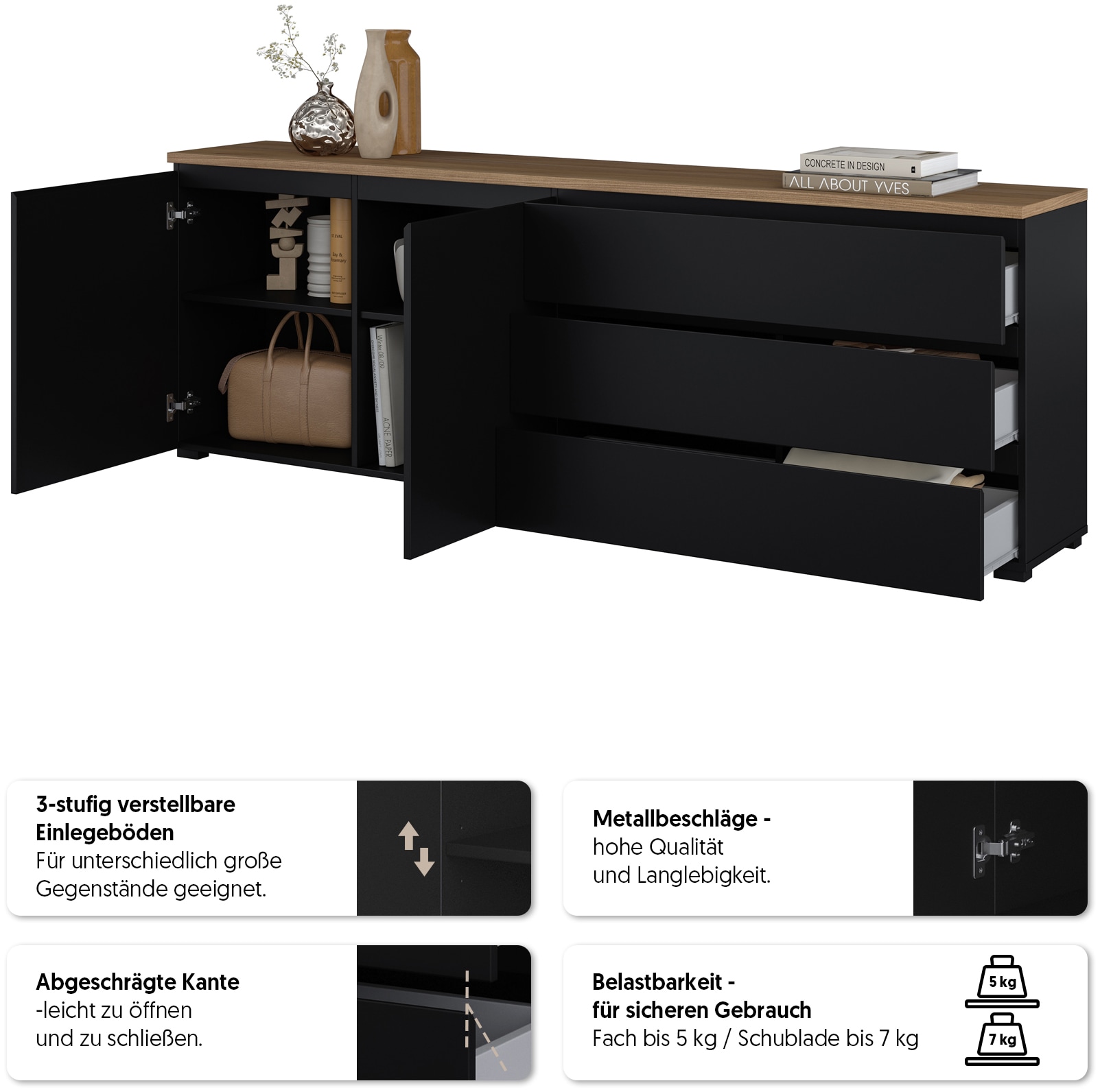 GOODproduct Sideboard »Modo, Breite 200 cm, moderne grifflose Kommode 2Türen/3 SK« Schubladenkommode mit viel Stauraum, Einlegeböden verstellbar