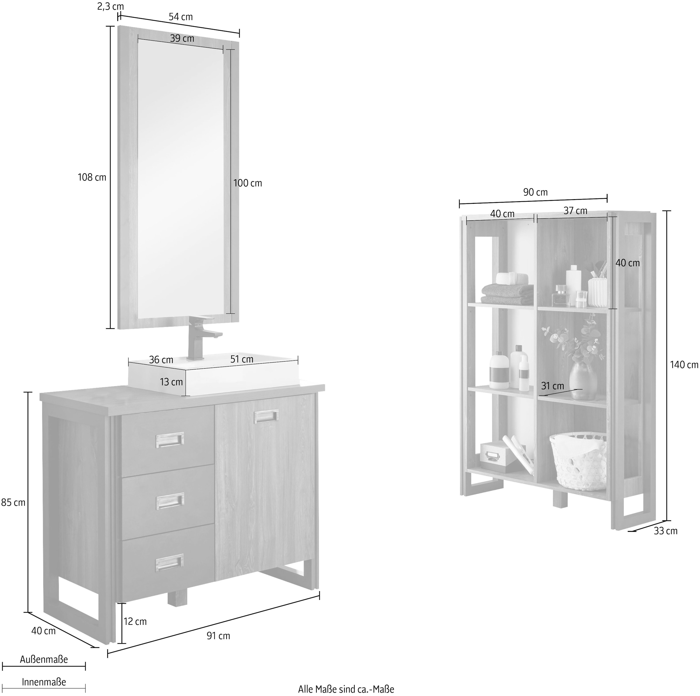 Home affaire Badmöbel-Set »Detroit, Bad im Industrialdesign, 3-teiliges Badezimmer«, (Set, 3 St.), Waschtisch, Regal & Spiegel, inkl. Aufsatzwaschbecken aus Mineralguss
