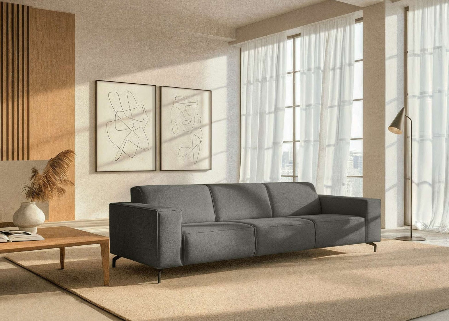 Image of Home affaire 3-Sitzer "Lorcan 257 cm, weiches Sitzgefühl" mit schwarzen Metallfüssen, Lederoptik und in weichem Strukturstoff