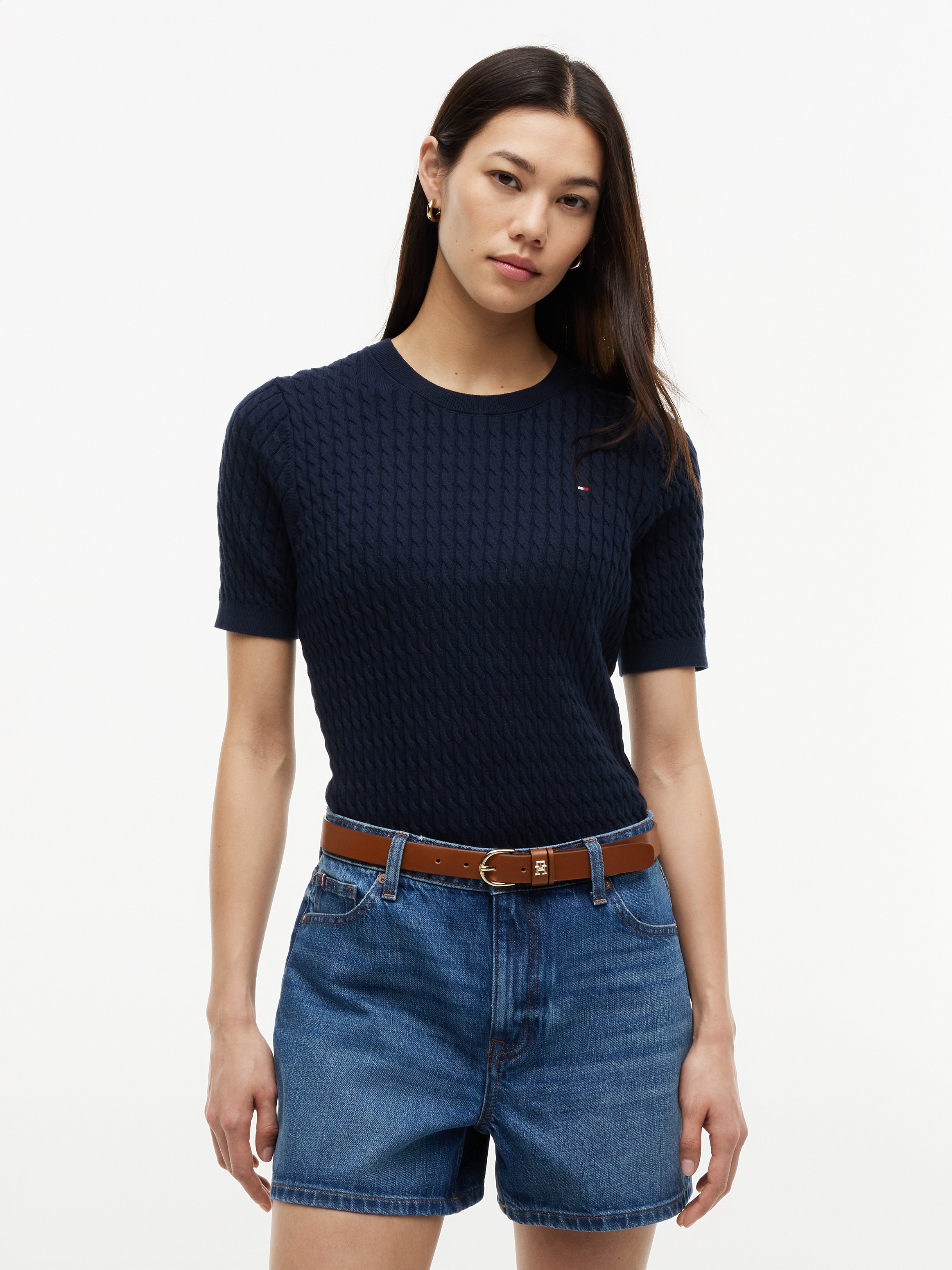 Image of Tommy Hilfiger Kurzarmpullover "CO CABLE RWB C-NK SS SWT" Baumwolle, mit Zopfmuster