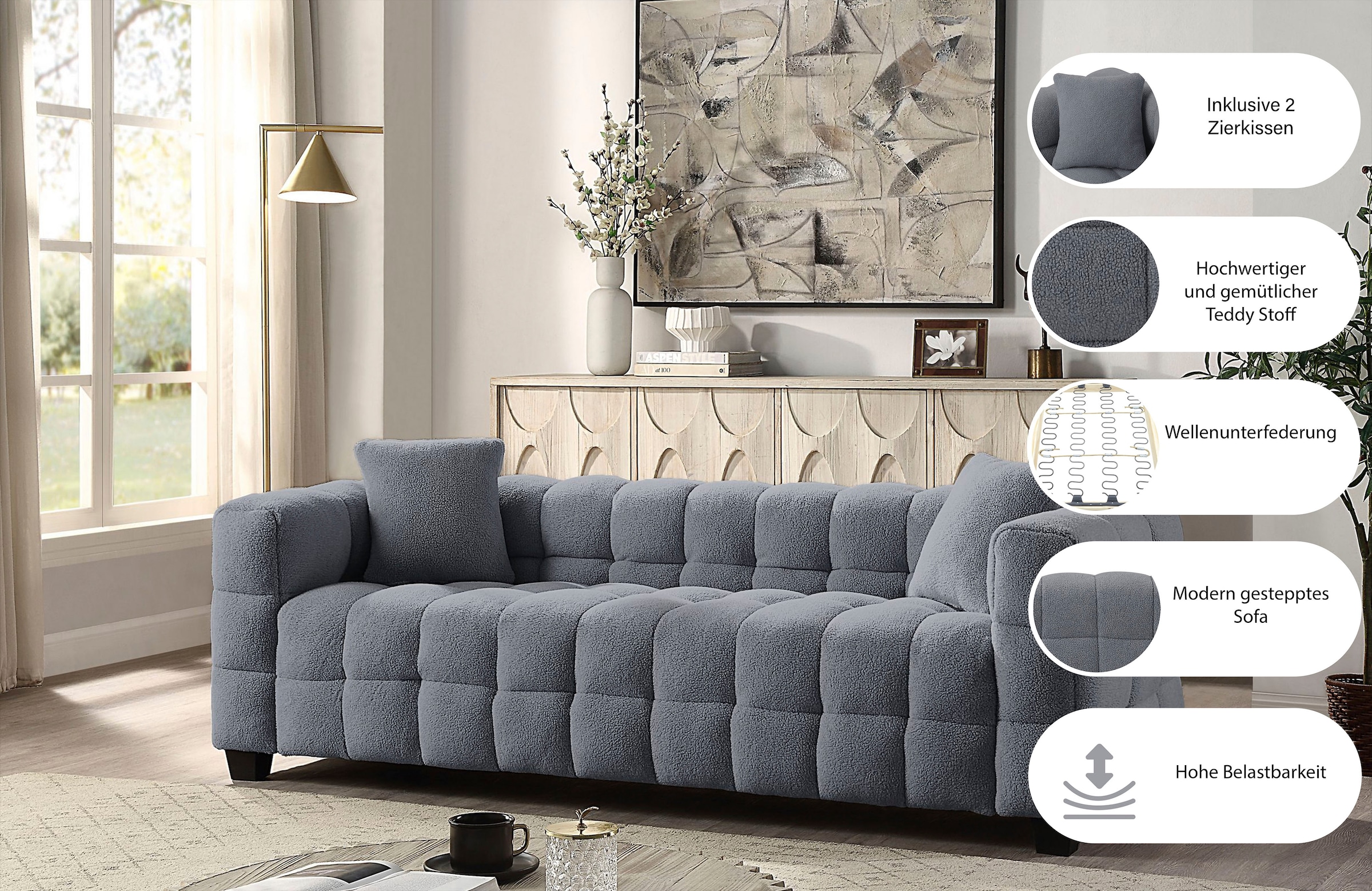 ATLANTIC home collection 3-places »Stella« incl. 2 coussins décoratifs et tissu teddy moderne