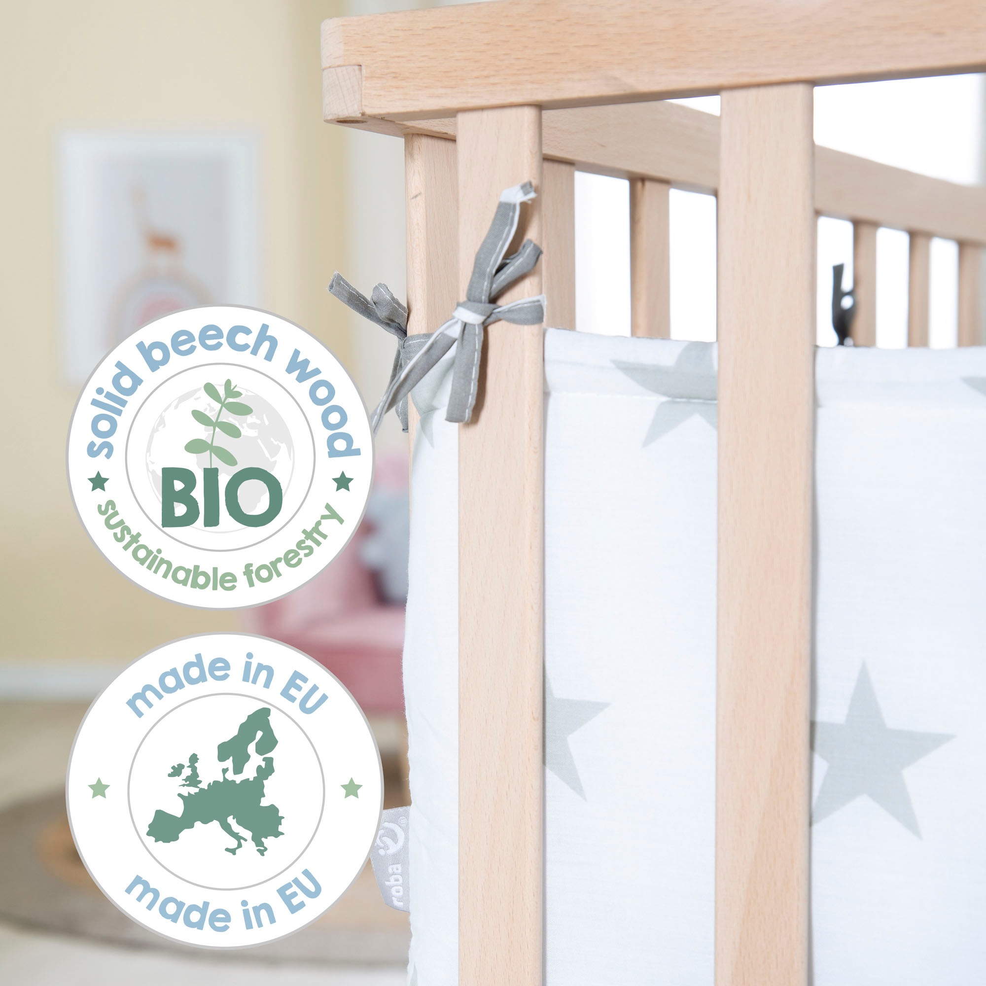 roba® Laufgitter »Little Stars, 100x100 cm, natur«, bis 15 kg, mit Stoffeinlage und Nestchen; höhenverstellbar