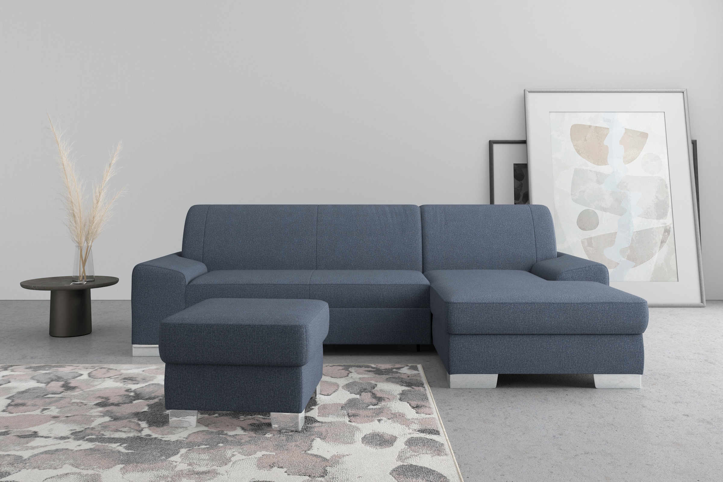 Image of DOMO collection Ecksofa "Anzio L-Form, whlw. Bettfunktion, Federkern, hochwertig, Breite 271 cm" Mit Bettfunktion, Recamiere rechts, Feinstruktur, blau