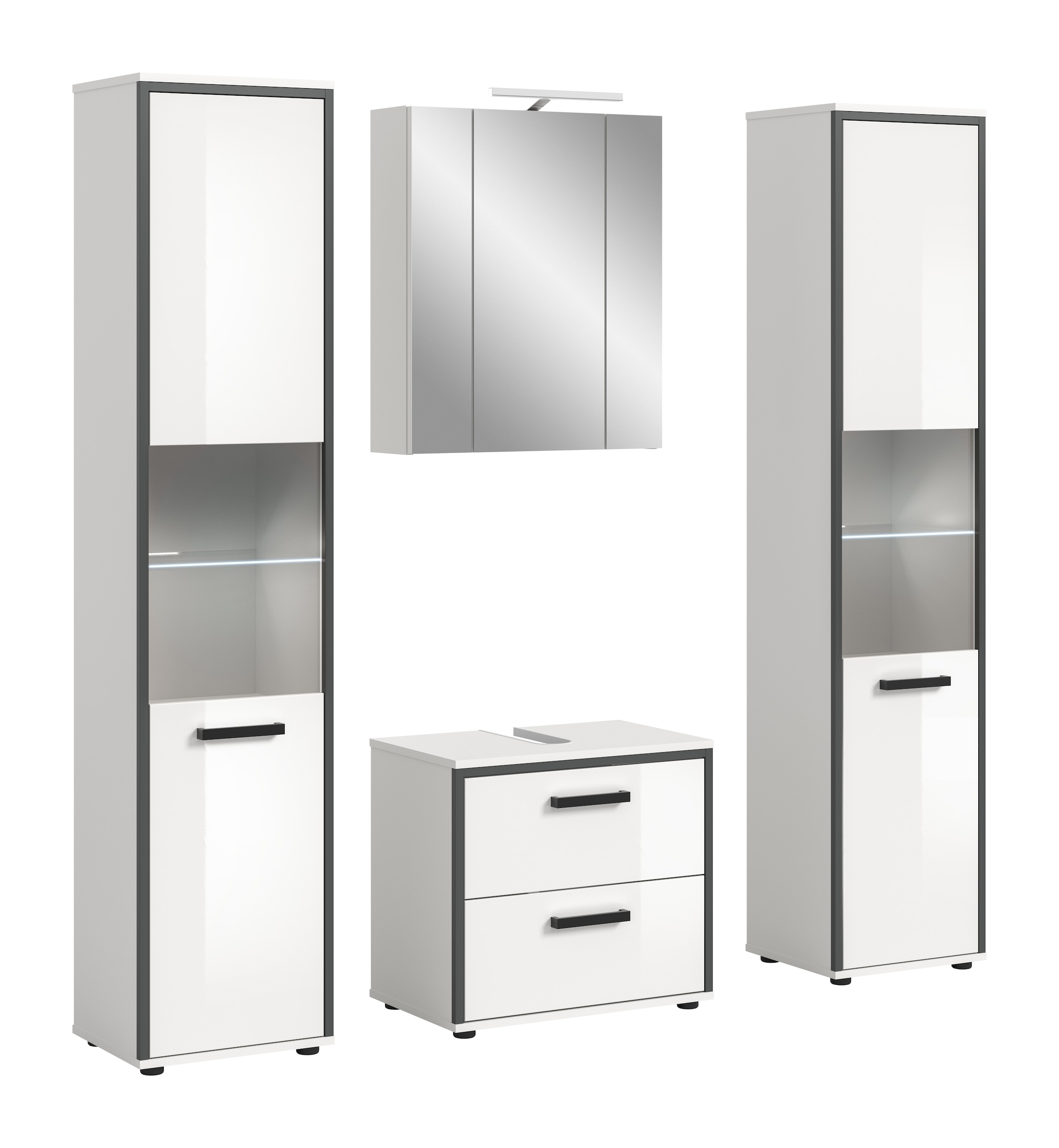 Image of welltime Badmöbel-Set "KAJO, 4-tlg. Badkombination, weiss hochglanz inkl.Beleuchtung" Set, Set, best. aus: 2 Hochschränken,WBU,Spiegelschrank,Beleuchtung, 7 Stk. tlg.