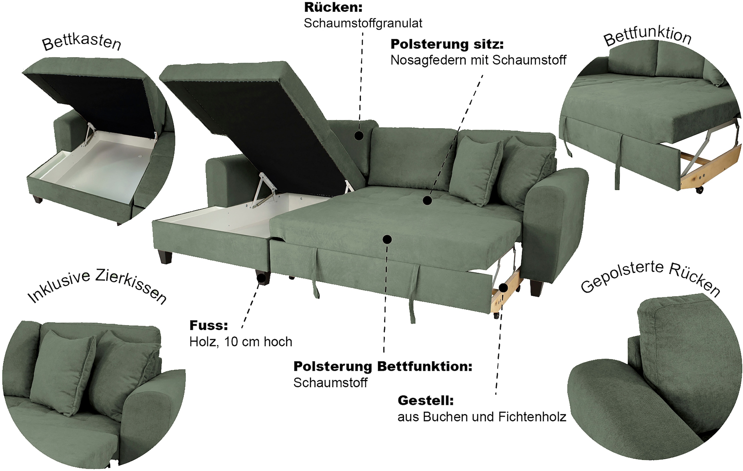 Trends by HG Canapé d'angle »Moritz L-Form, B: 265 cm« avec fonction couchage, coffre-lit & coussin décoratif