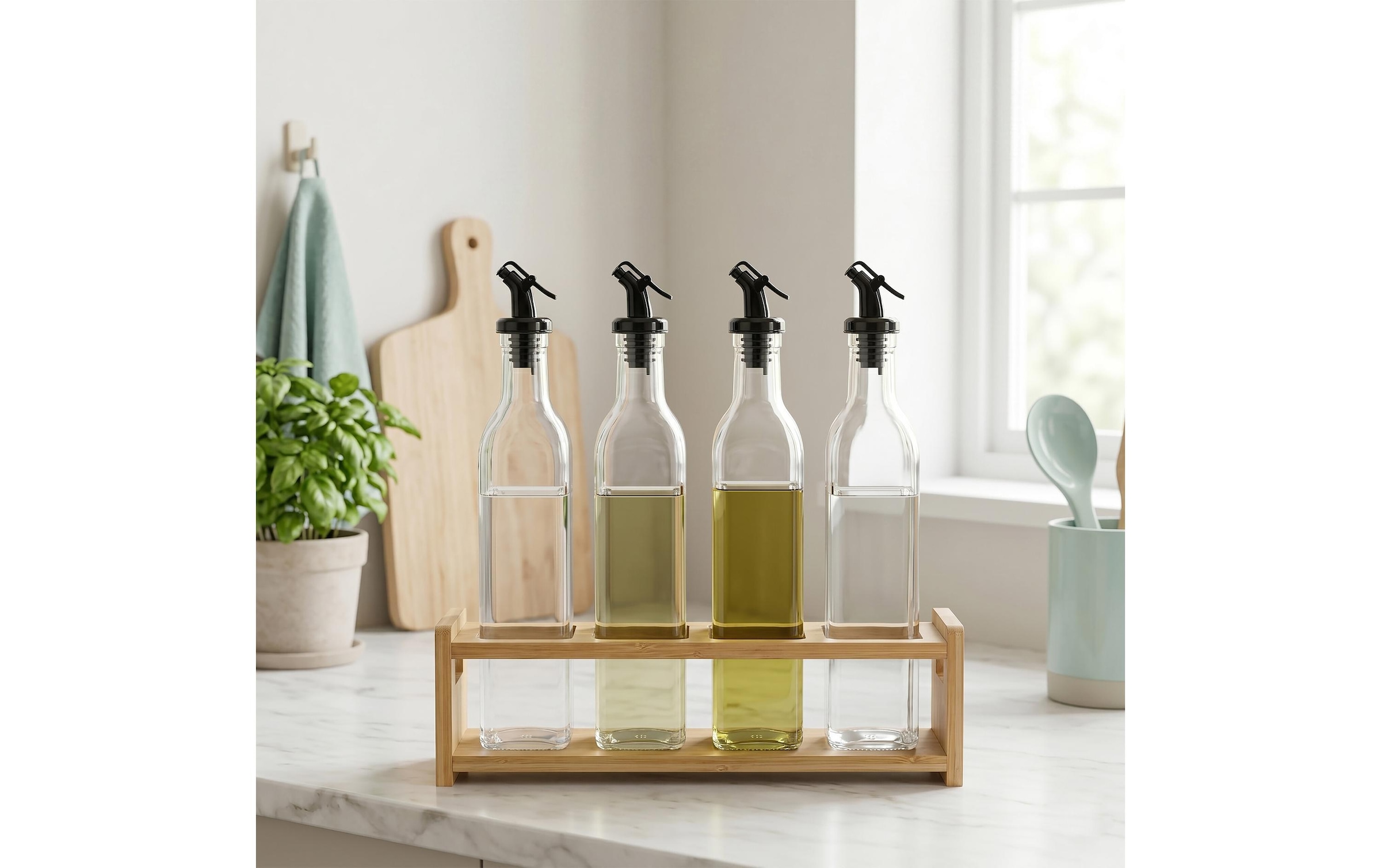 relaxdays Set de menus »Ölflaschen Set 4-teilig Glas Bambus 500 ml«