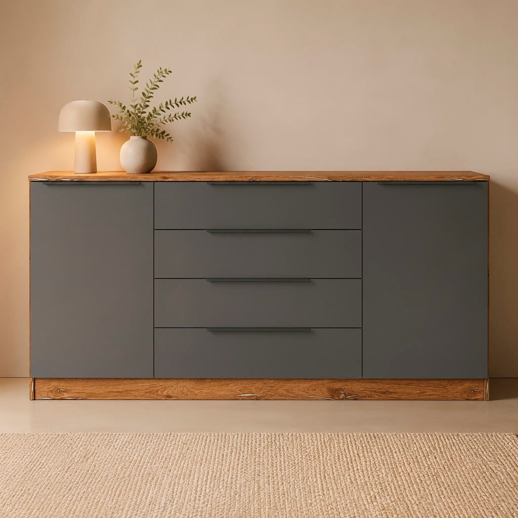borchardt Möbel Buffet »Tom, moderne Kommode mit dunklen Metallgriffen« 166 cm, 2 portes 4 tiroirs, étagères réglables, beaucoup d'espace de rangement