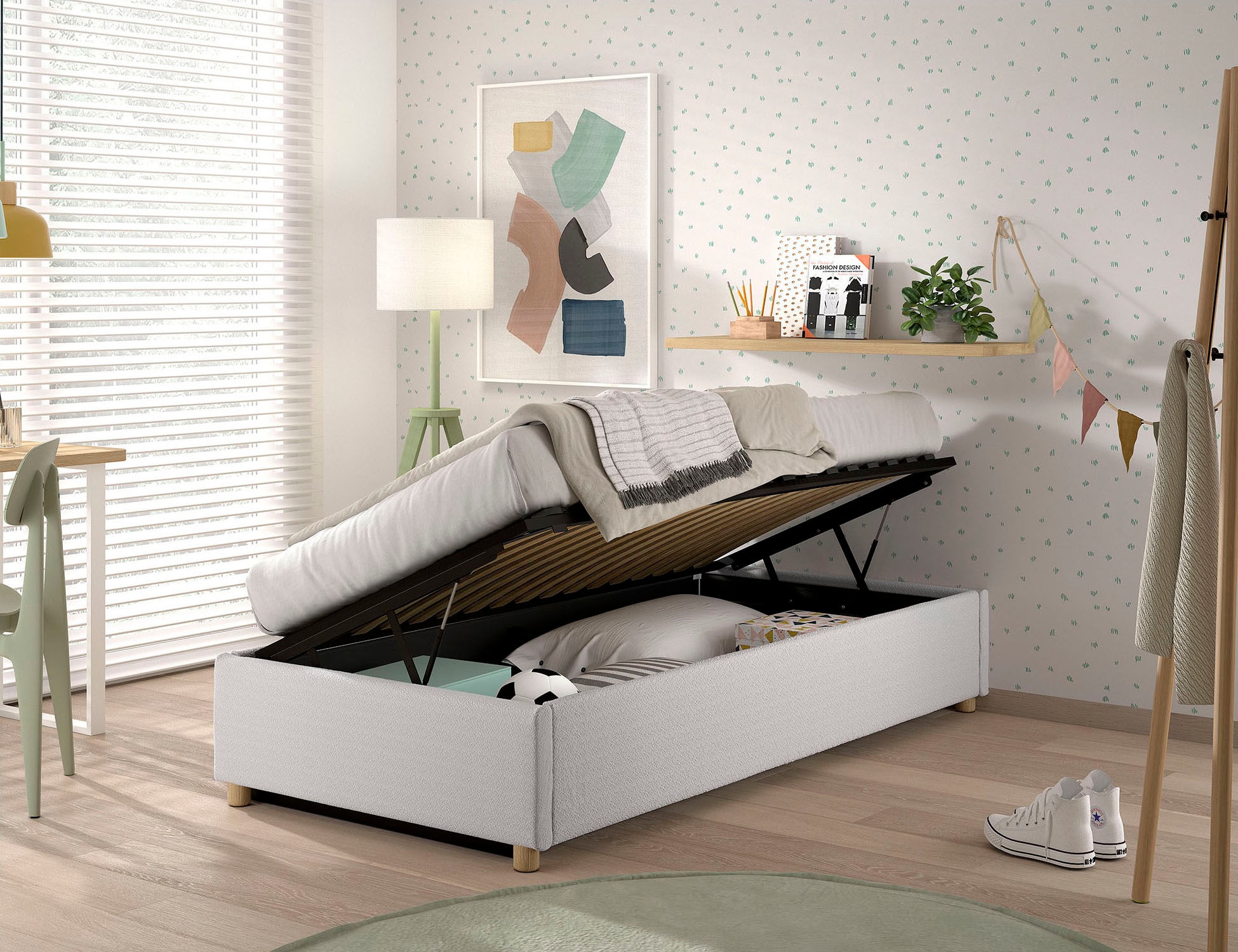 Vipack Chaise longue rembourrée »Moon, ideal unter Dachschrägen einsetzbar, Bettkasten bietet Stauraum« Massivholzfüsse, Bezug mit flauschigem Bouclé Stoff wahlweise 3 Farben