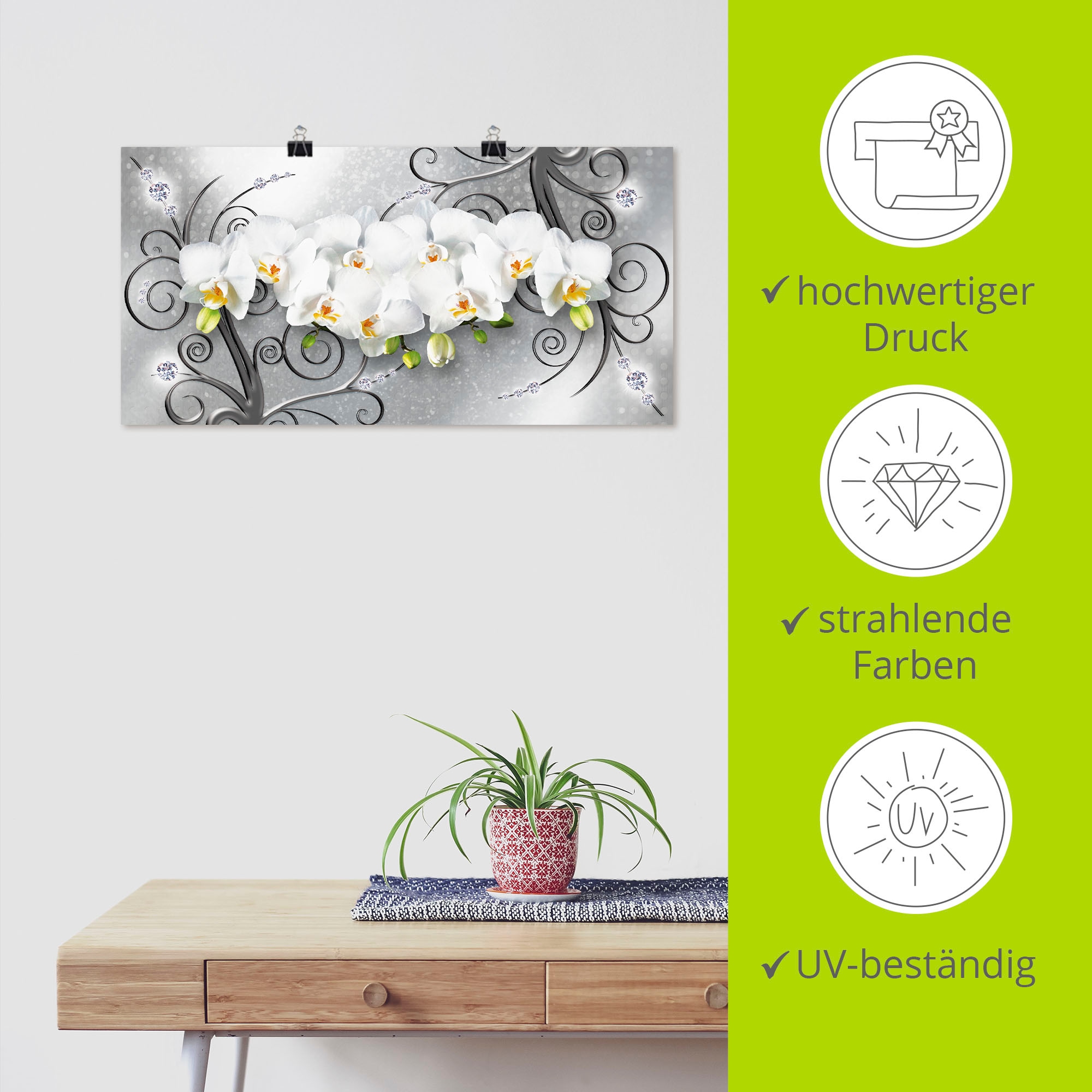 Artland Wandbild »weisse Orchideen auf Ornamenten«, Blumenbilder, (1 St.), als Alubild, Outdoorbild, Leinwandbild, Poster, Wandaufkleber