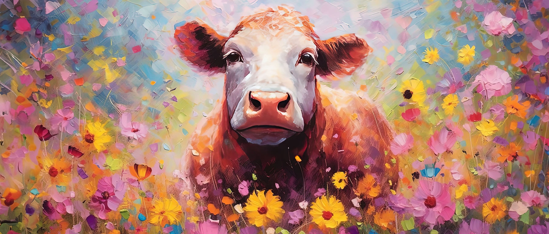 Image of Bönninghoff Leinwandbild "Wandbild BUNTE KUH 60x140 cm – Leinwandbild Keilrahmen Deko modern" Blumen Kuh Kühe 1 Stk. tlg. auf Keilrahmen gespannt